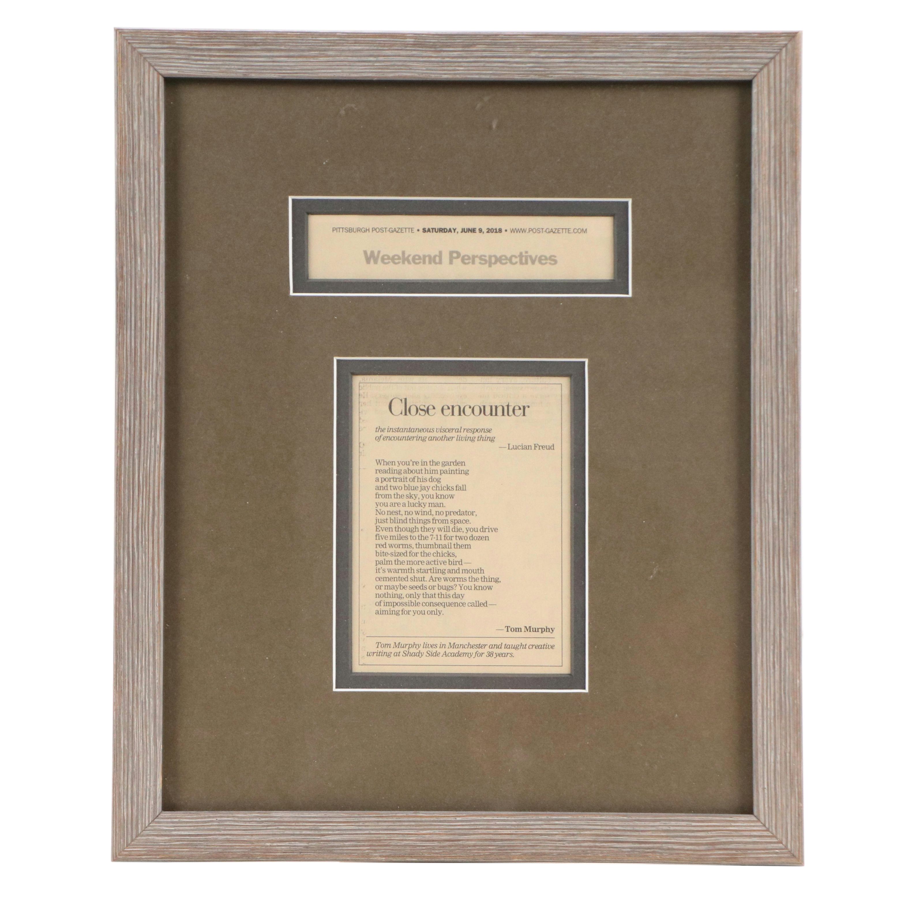 Pittsburgh Post-Gazette Newsprint Poem "Close Encounter" by Tom Murphy, 2018