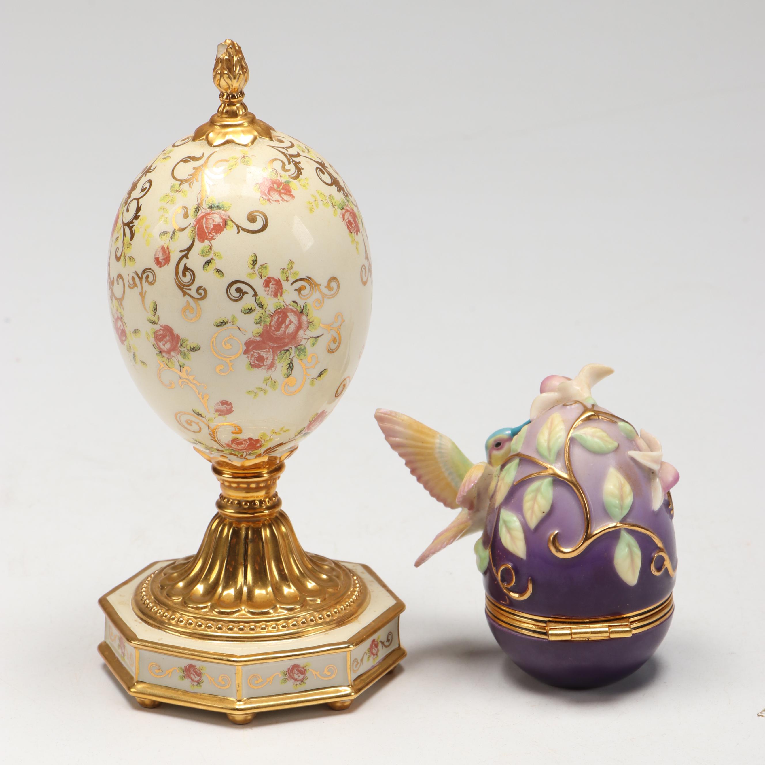 House of Fabergé Porcelain "Berylline Hummingbird" Box and "Rose Egg" Clock
