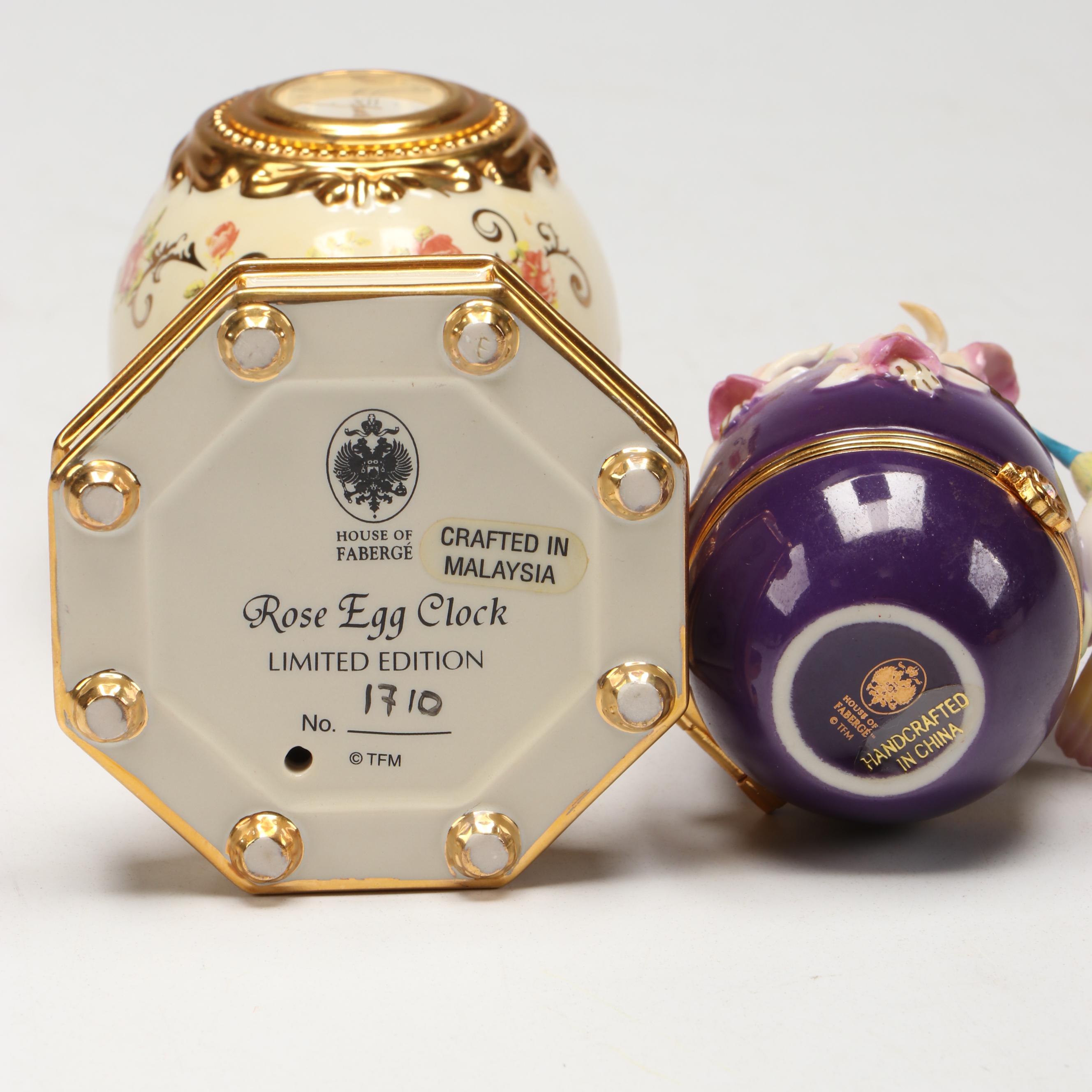 House of Fabergé Porcelain "Berylline Hummingbird" Box and "Rose Egg" Clock