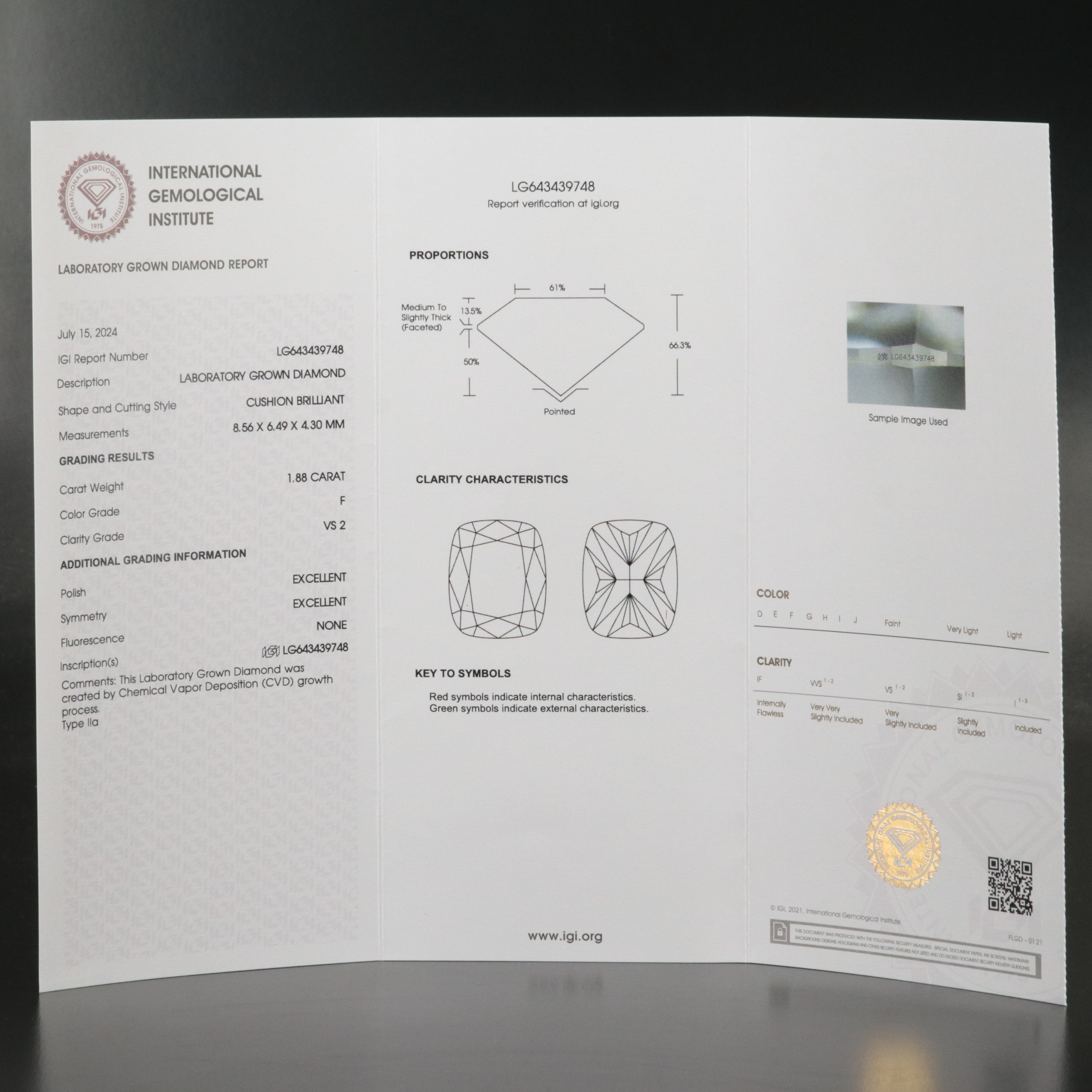 Loose 1.88 CT Lab Grown Diamond with IGI Report