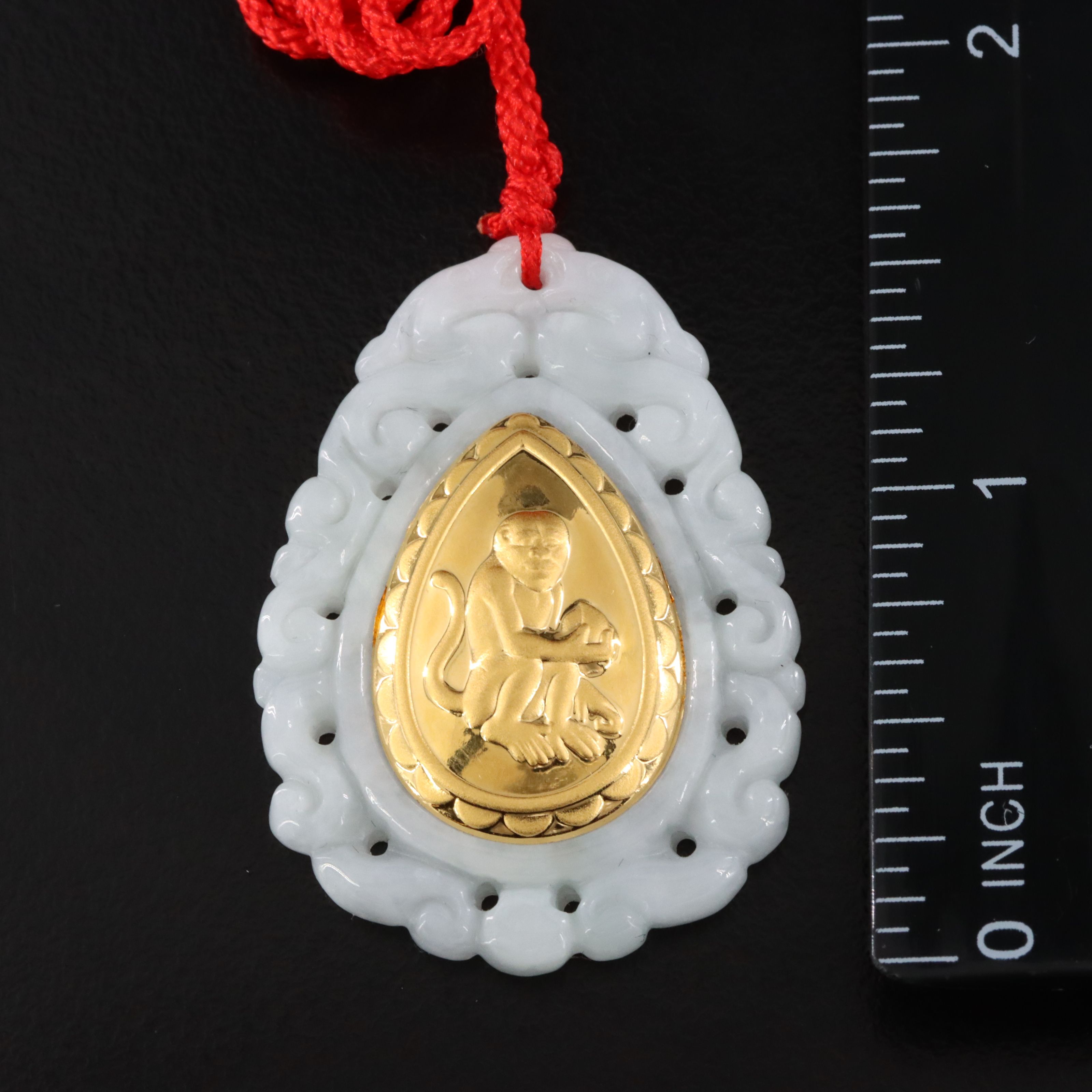 24K Carved Jadeite Monkey Pendant and Cord Necklace