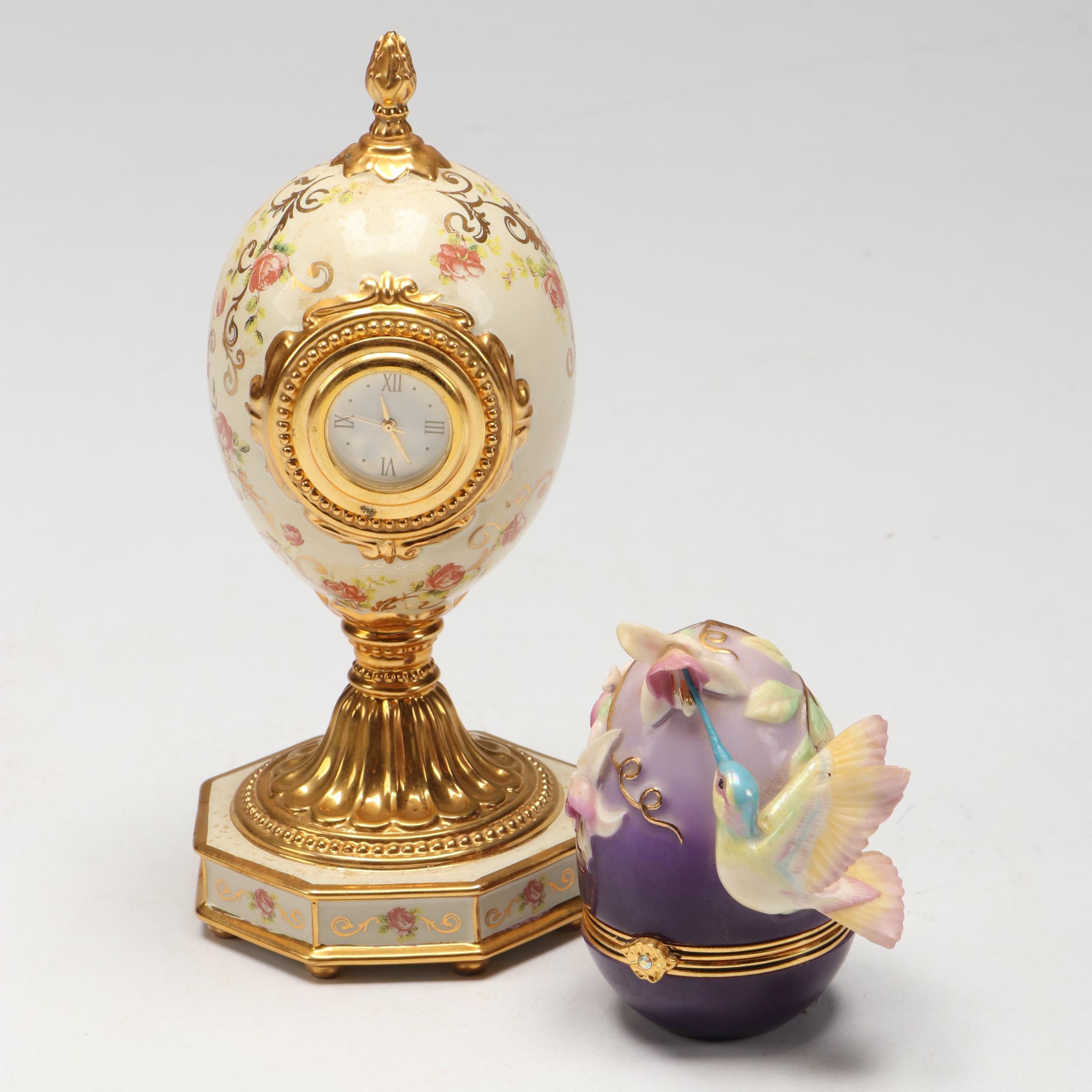 House of Fabergé Porcelain "Berylline Hummingbird" Box and "Rose Egg" Clock