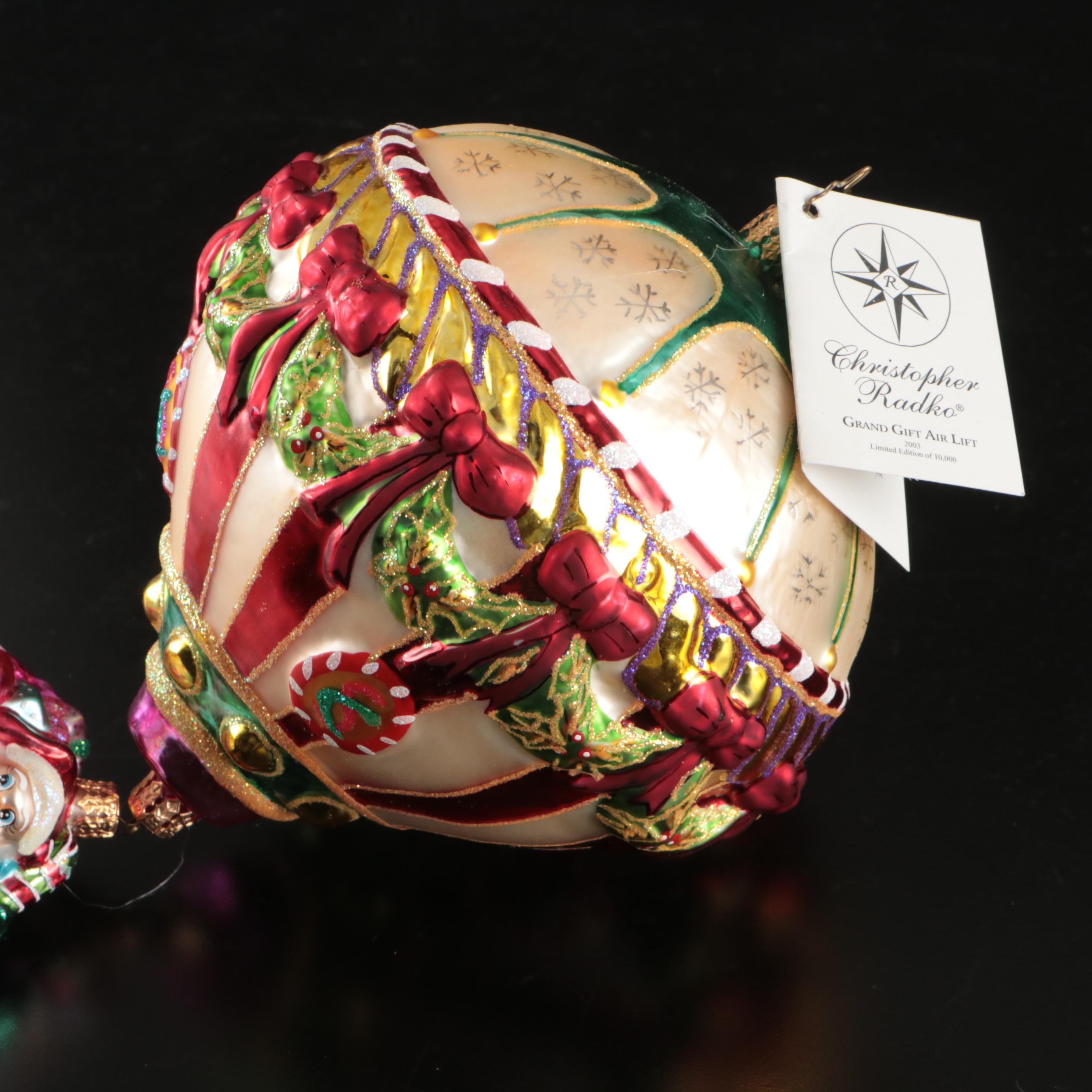 Christopher Radko "Grand Gift Air Lift" with Baccarat Crystal Annual Ornaments