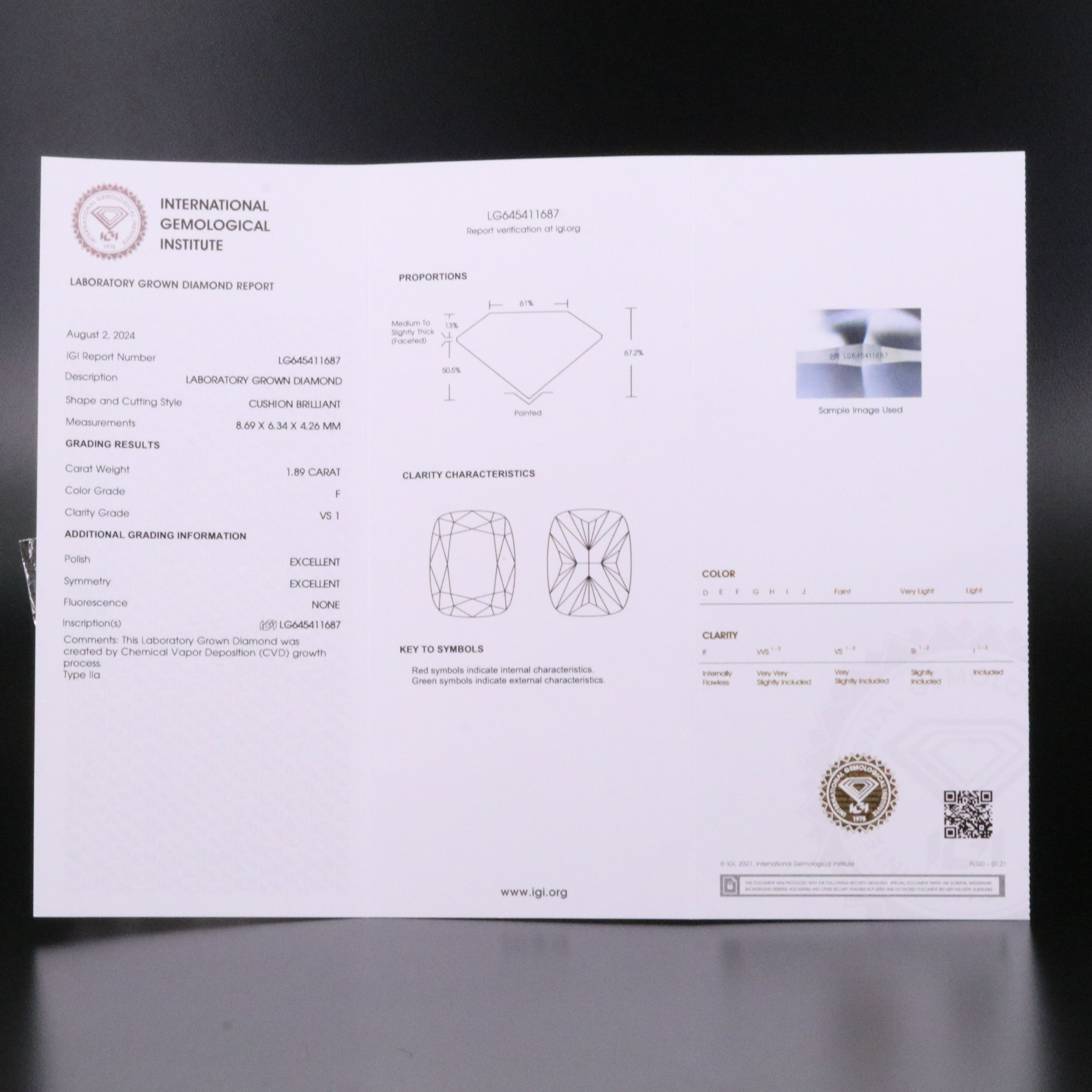 Loose 1.89 CT Lab Grown Diamond with IGI Report
