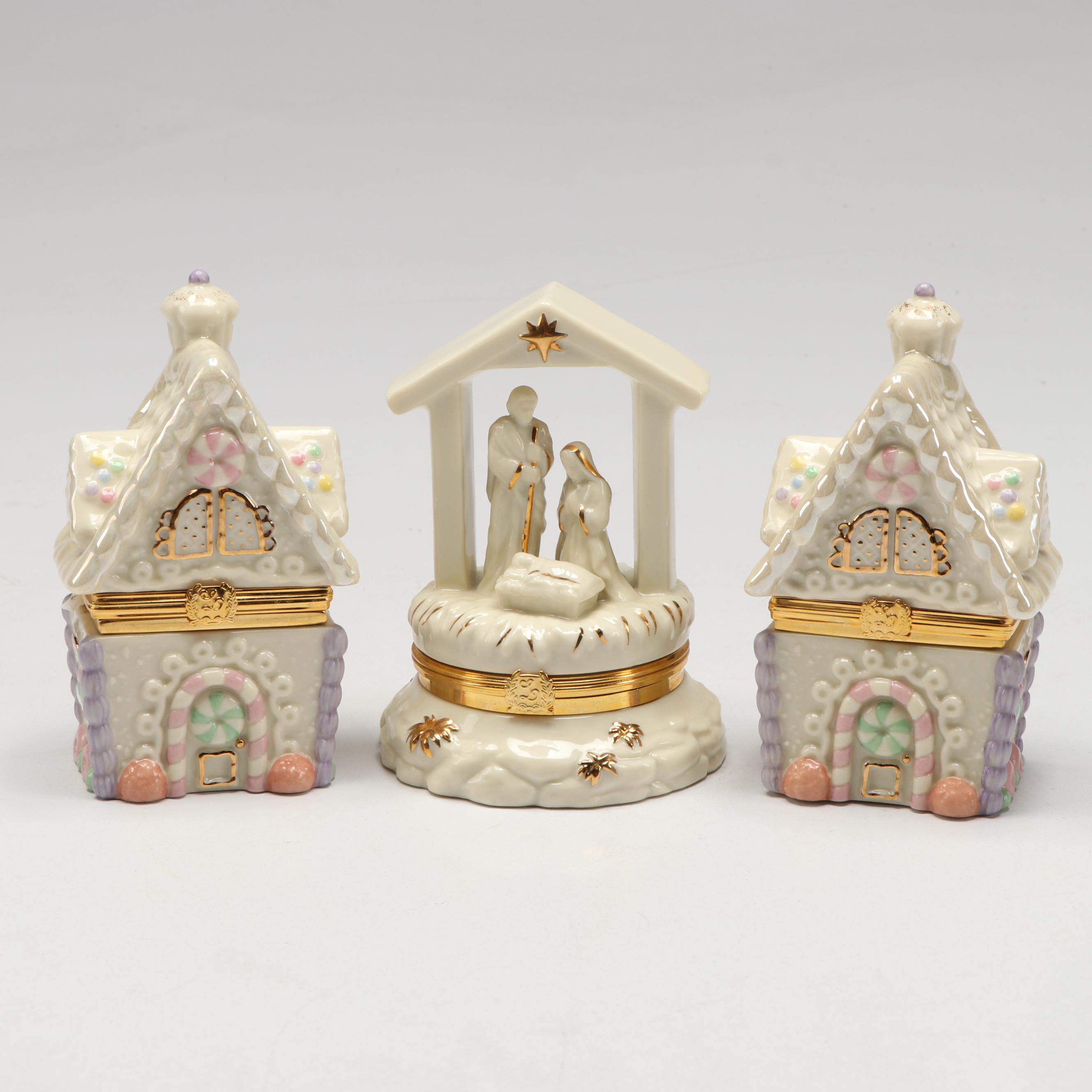 Lenox Porcelain Christmas Boxes with Wooden Display Stand