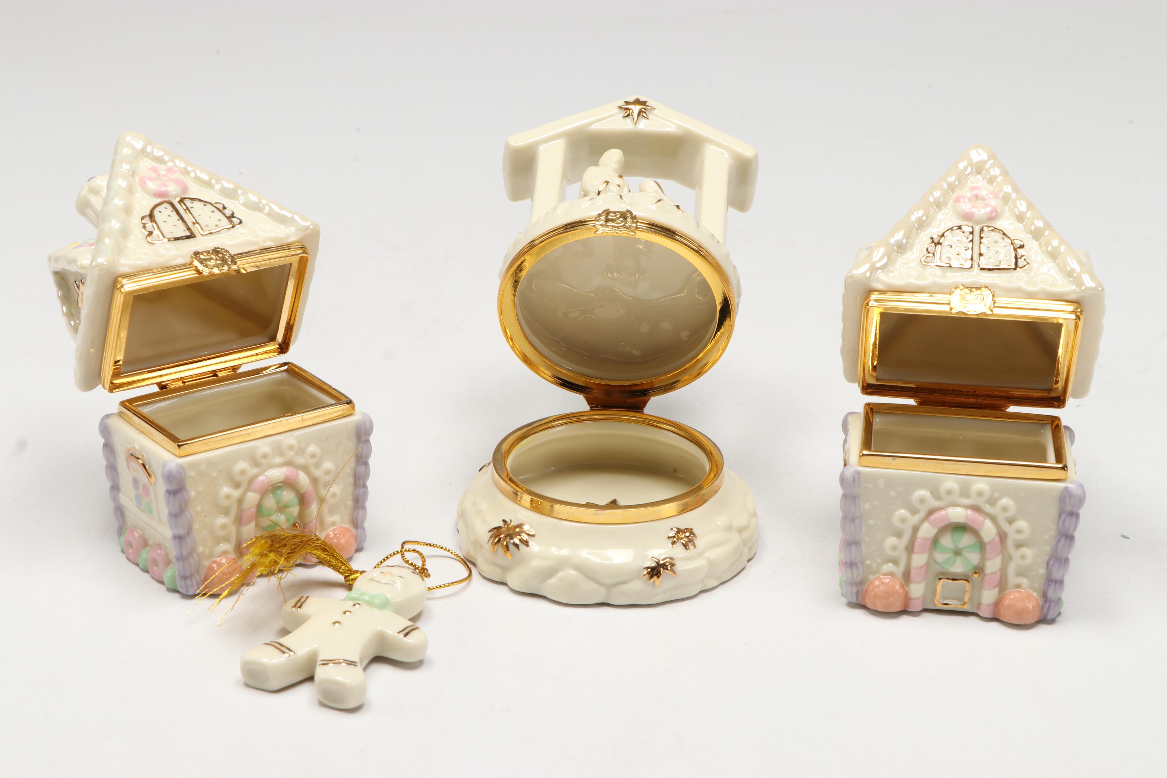 Lenox Porcelain Christmas Boxes with Wooden Display Stand