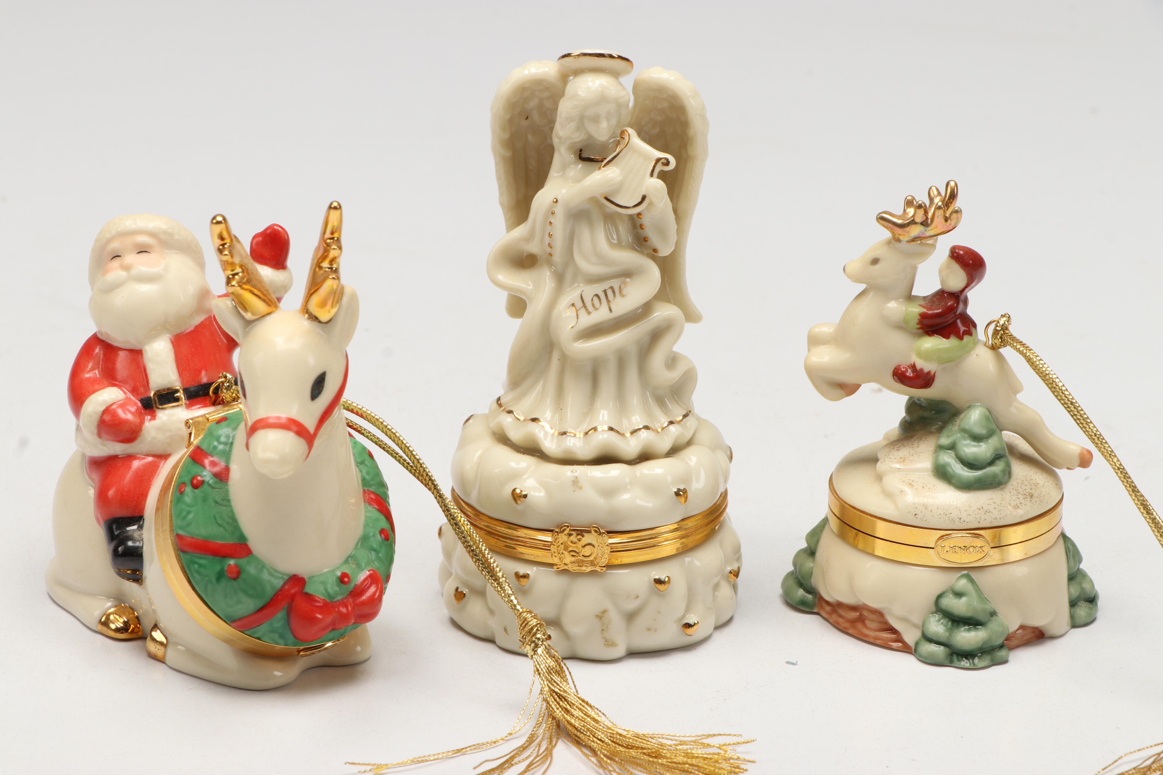 Lenox Porcelain Christmas Boxes with Wooden Display Stand