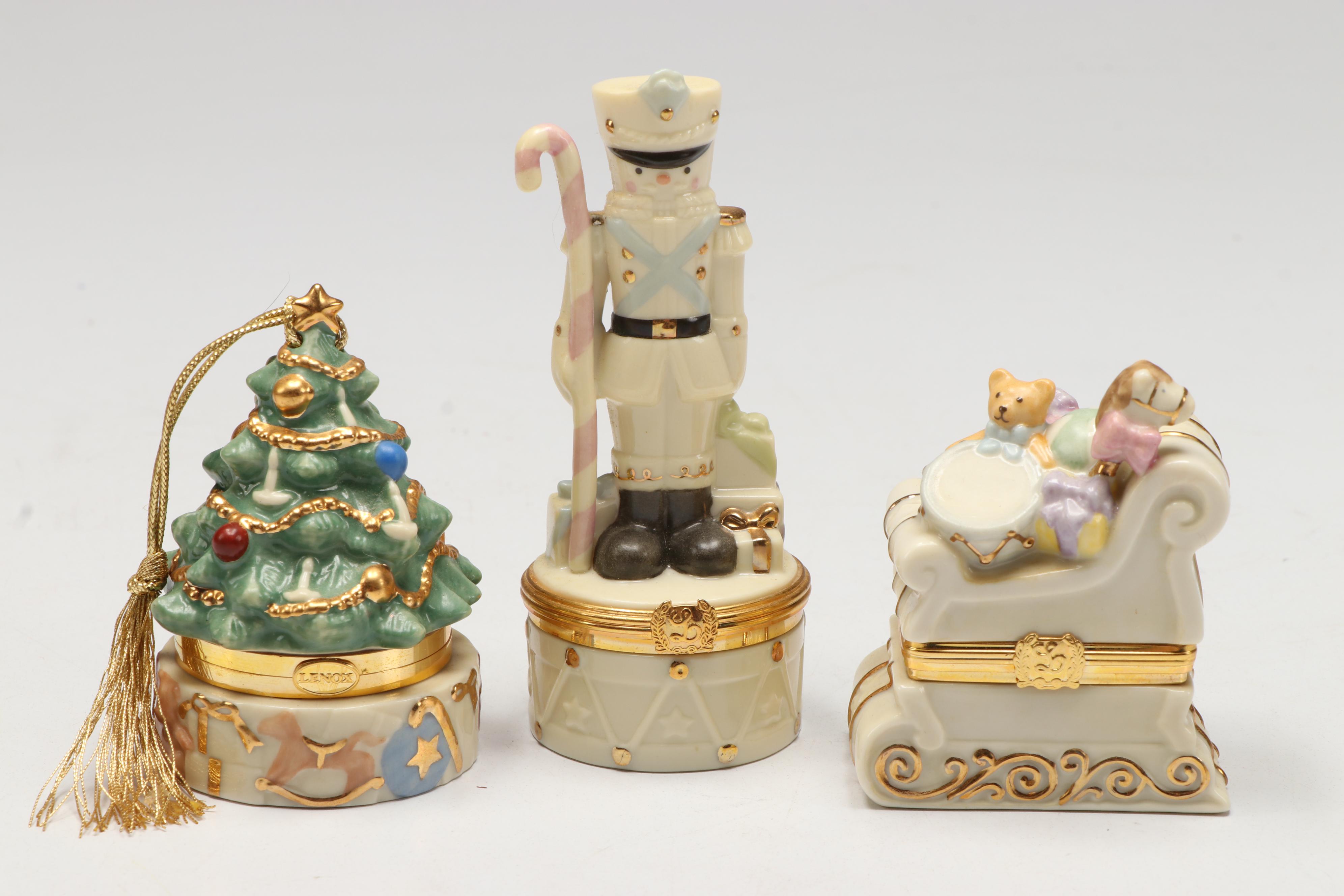 Lenox Porcelain Christmas Boxes with Wooden Display Stand