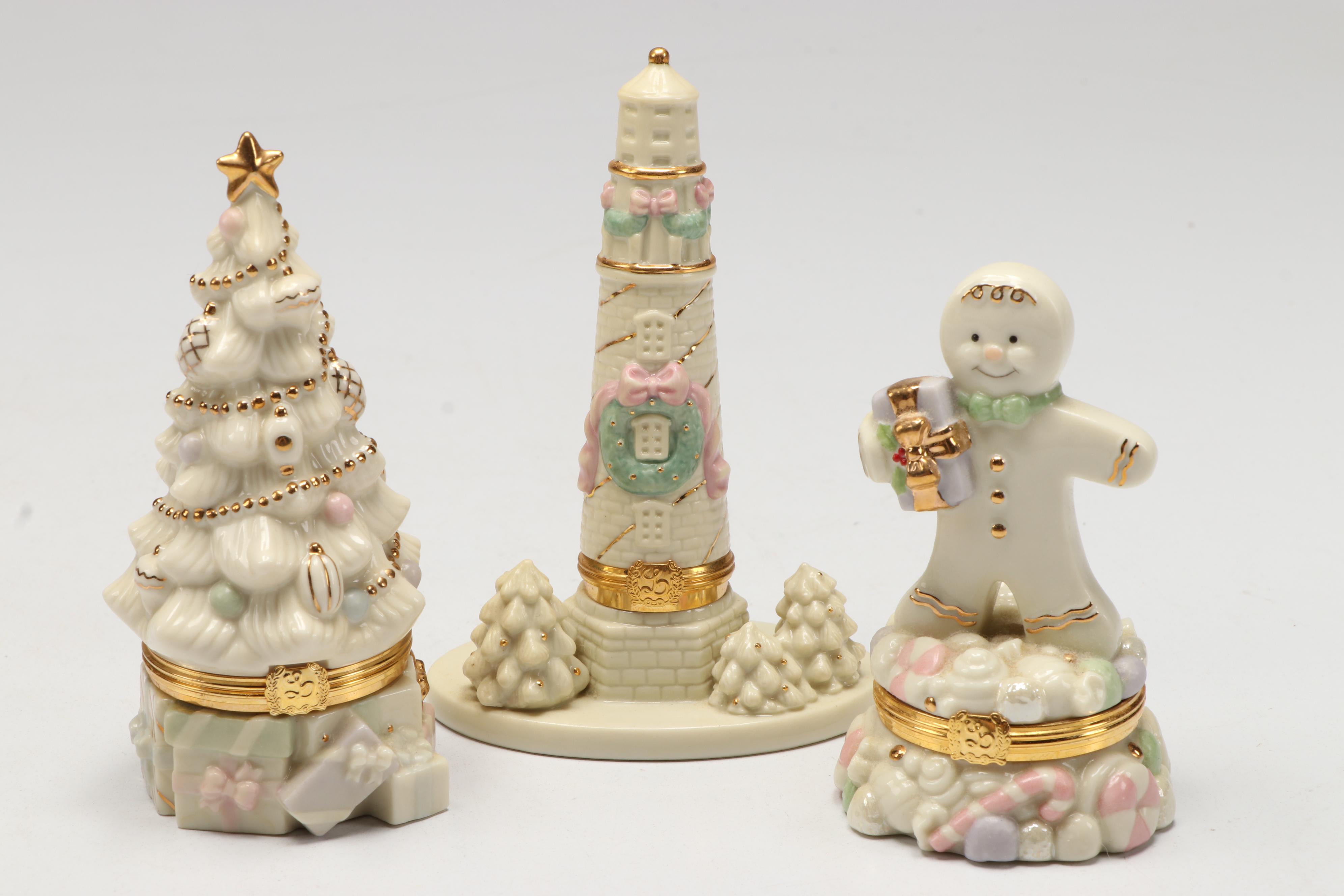 Lenox Porcelain Christmas Boxes with Wooden Display Stand