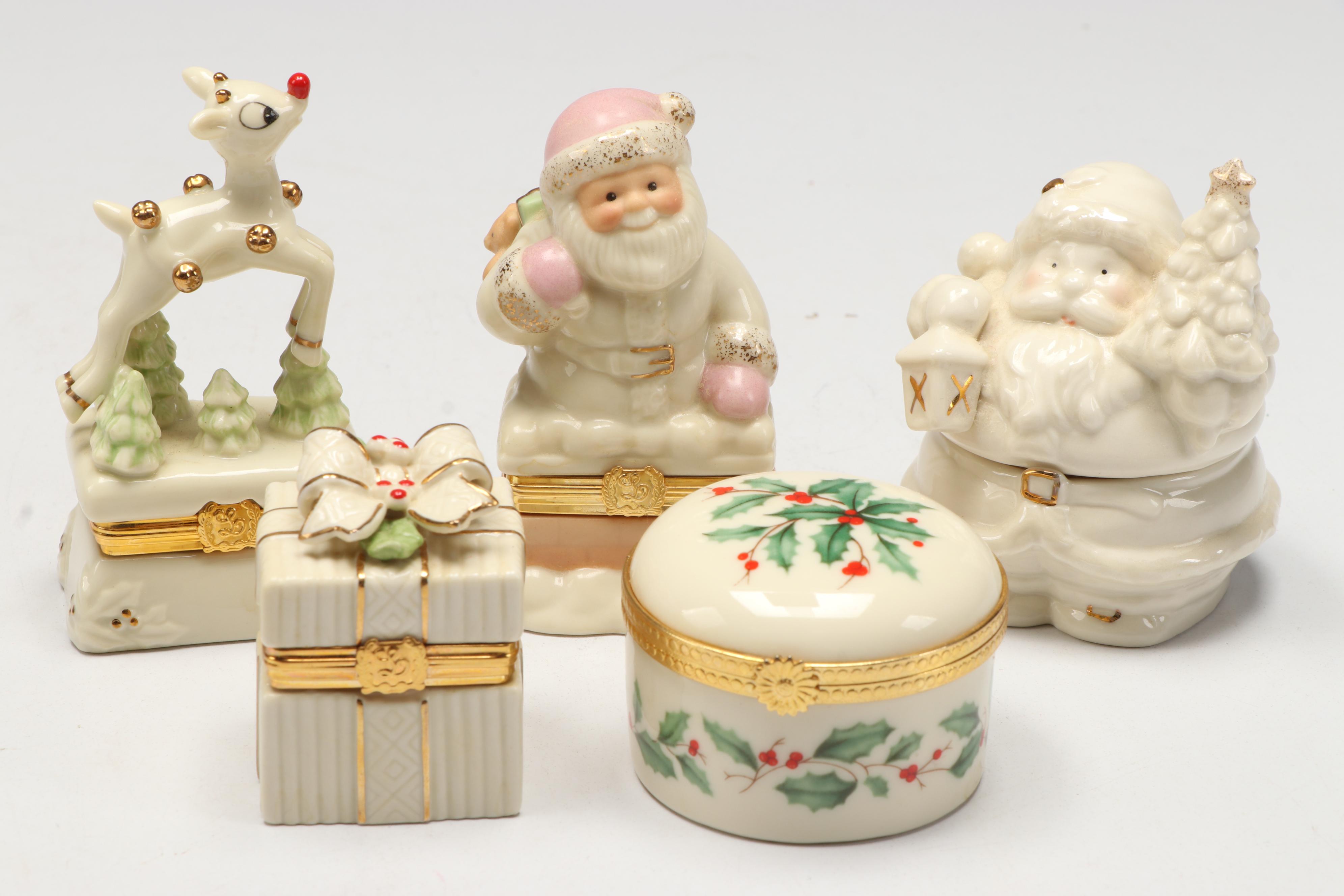 Lenox Porcelain Christmas Boxes with Wooden Display Stand