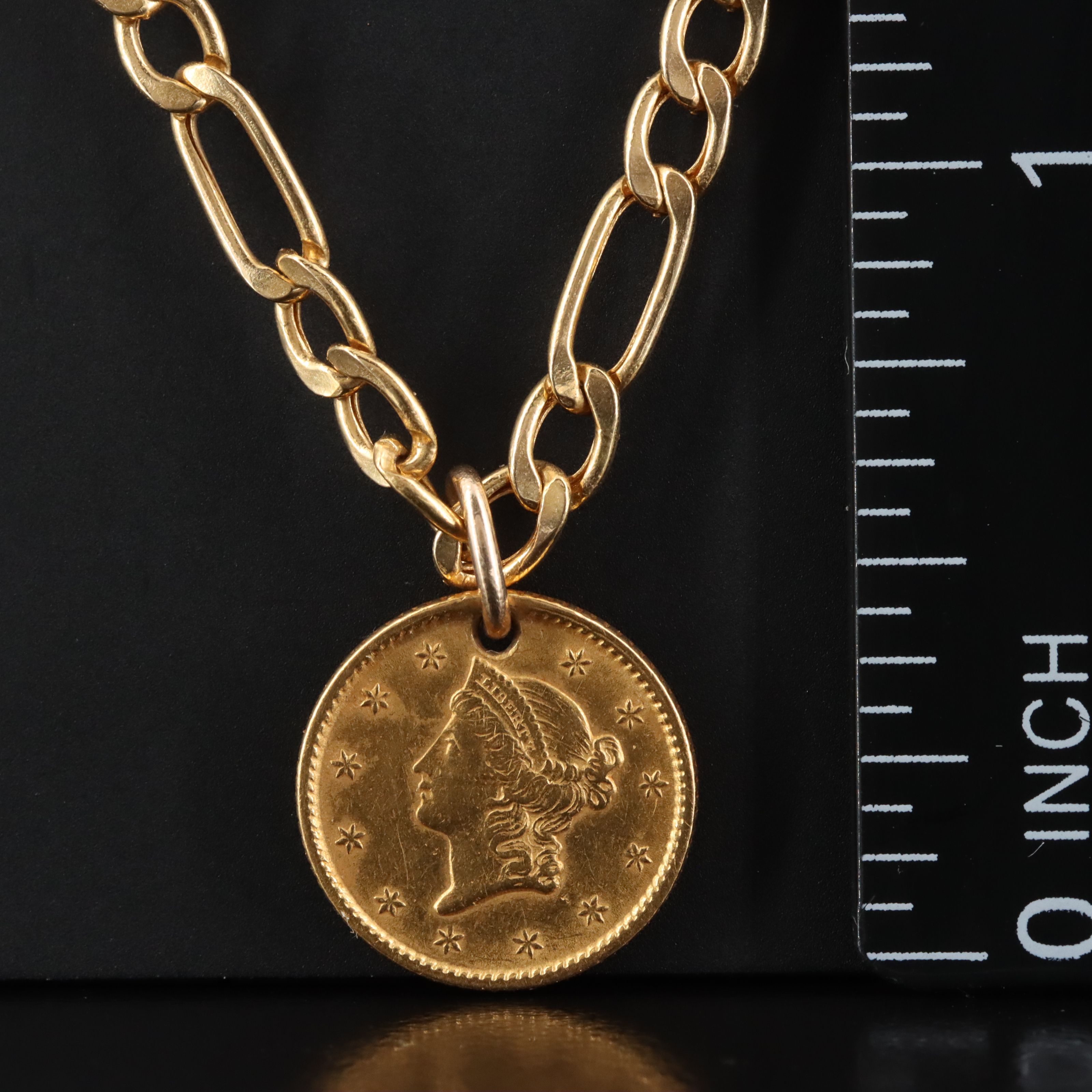 14K Figaro Chain Necklace with 1853 Liberty Head Type I Gold Dollar Pendant