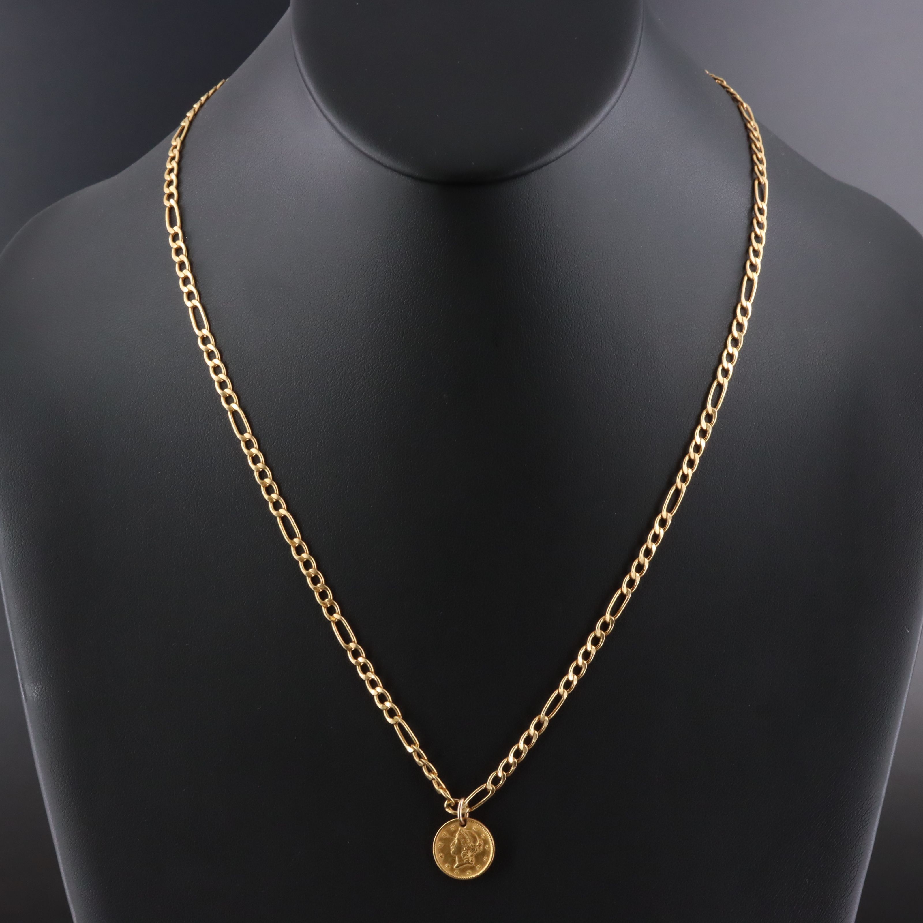 14K Figaro Chain Necklace with 1853 Liberty Head Type I Gold Dollar Pendant