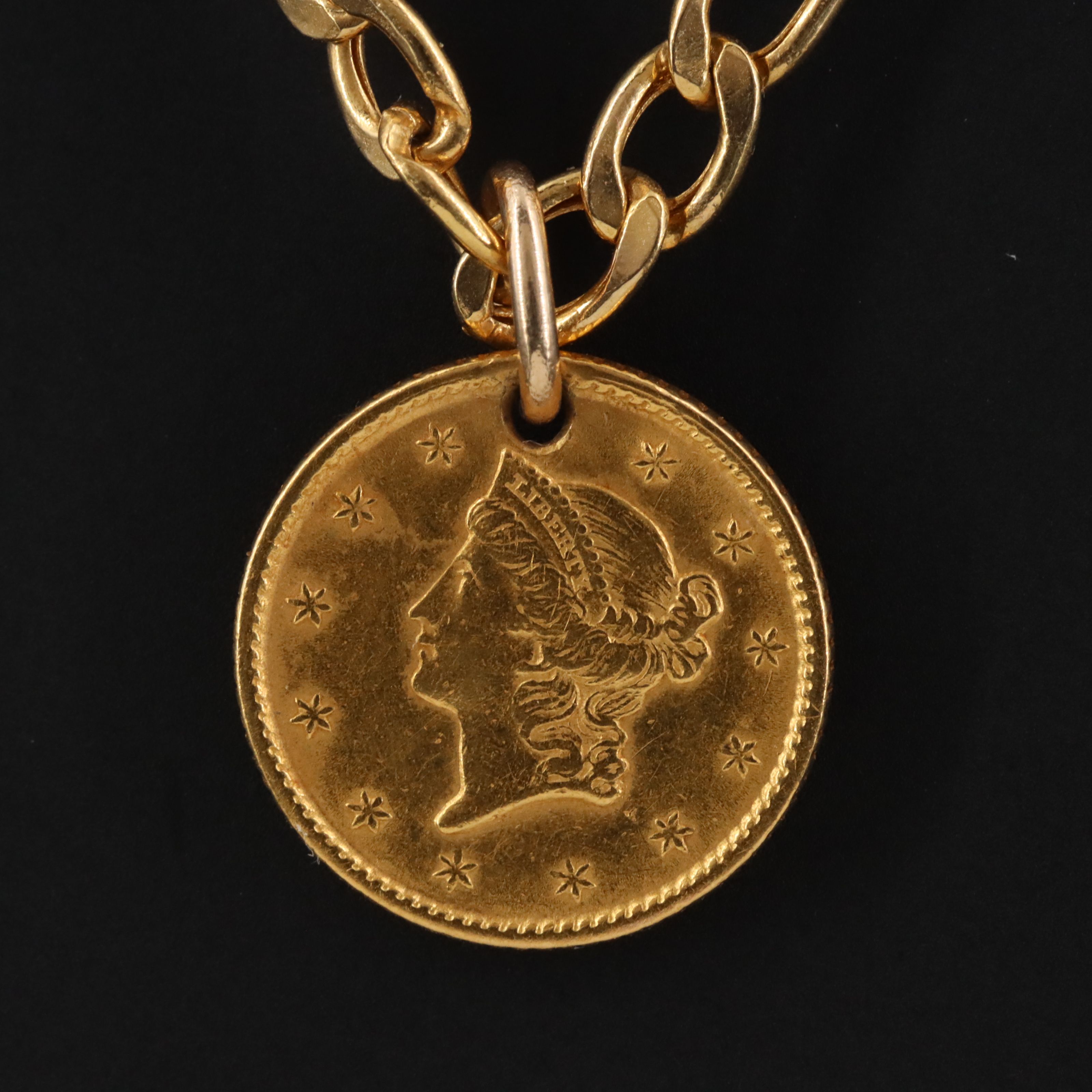 14K Figaro Chain Necklace with 1853 Liberty Head Type I Gold Dollar Pendant