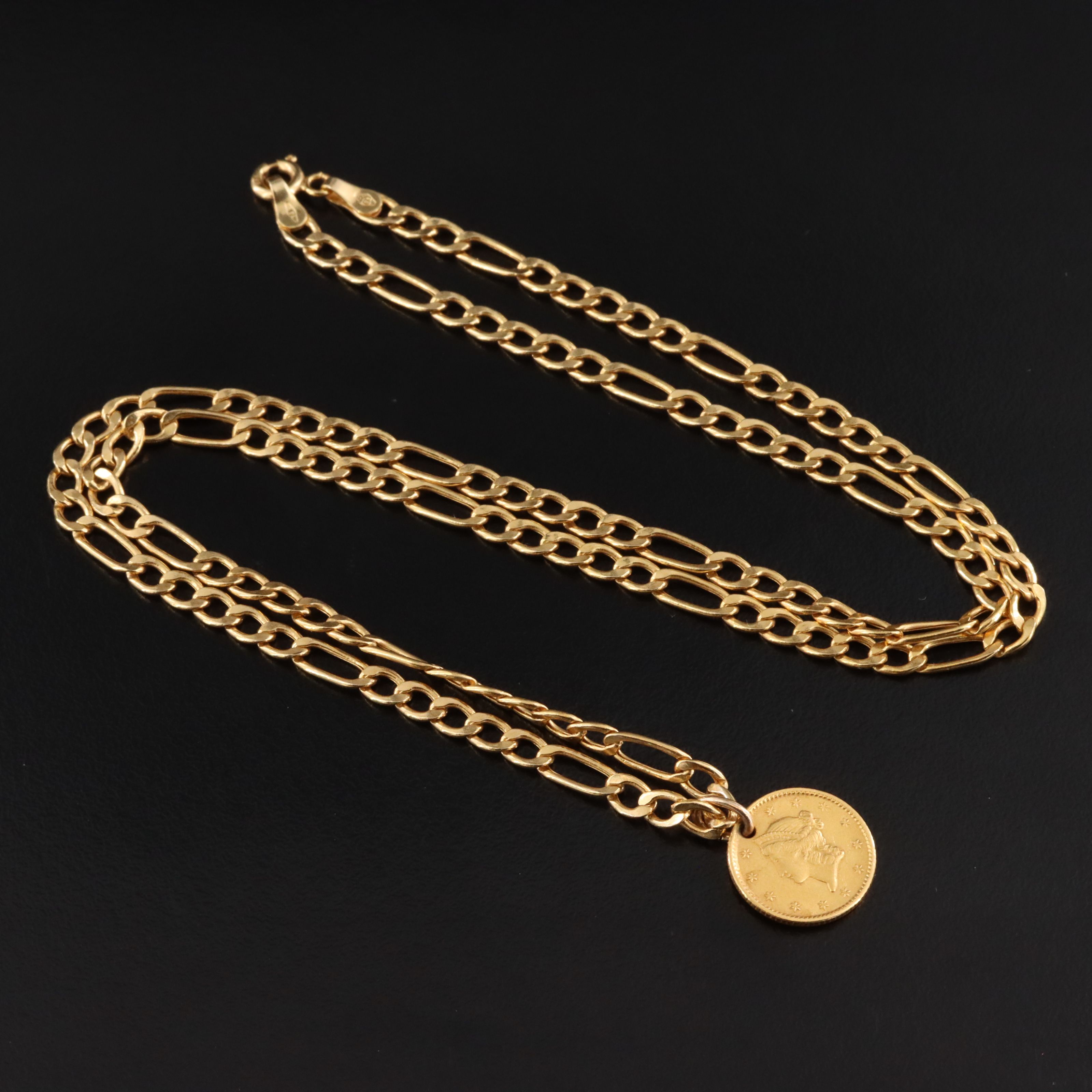 14K Figaro Chain Necklace with 1853 Liberty Head Type I Gold Dollar Pendant