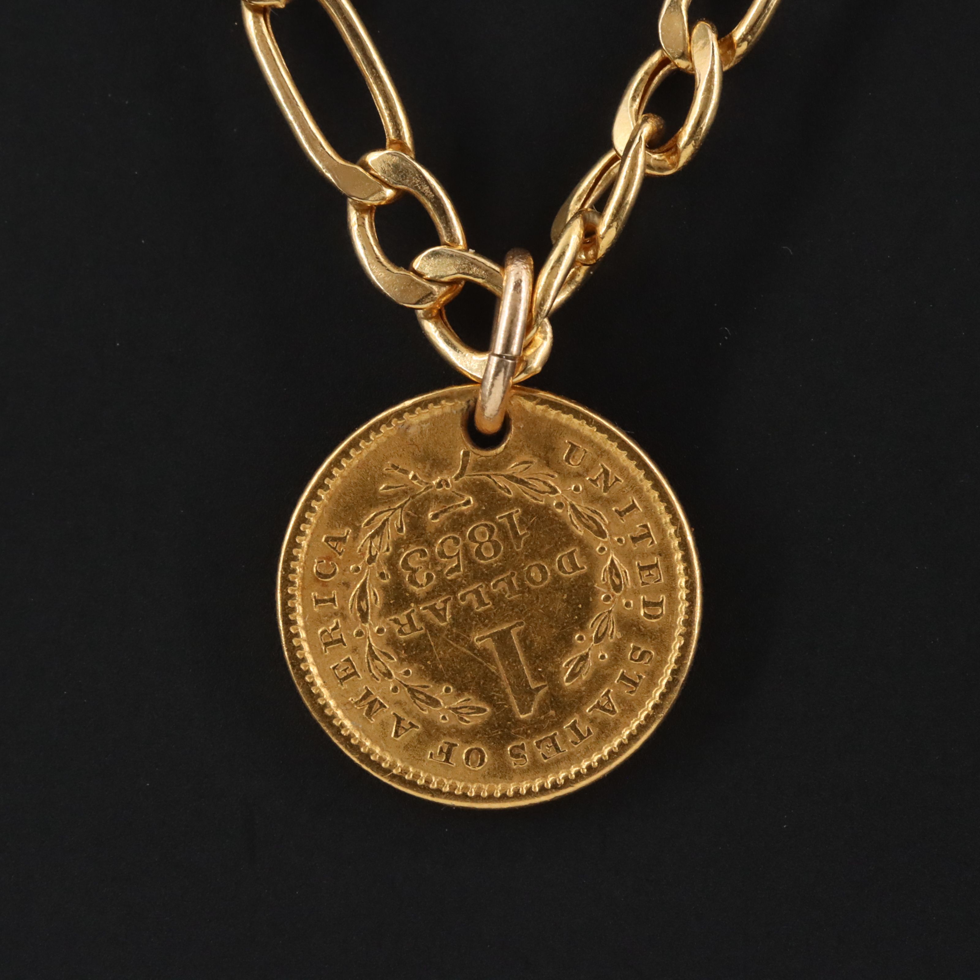 14K Figaro Chain Necklace with 1853 Liberty Head Type I Gold Dollar Pendant