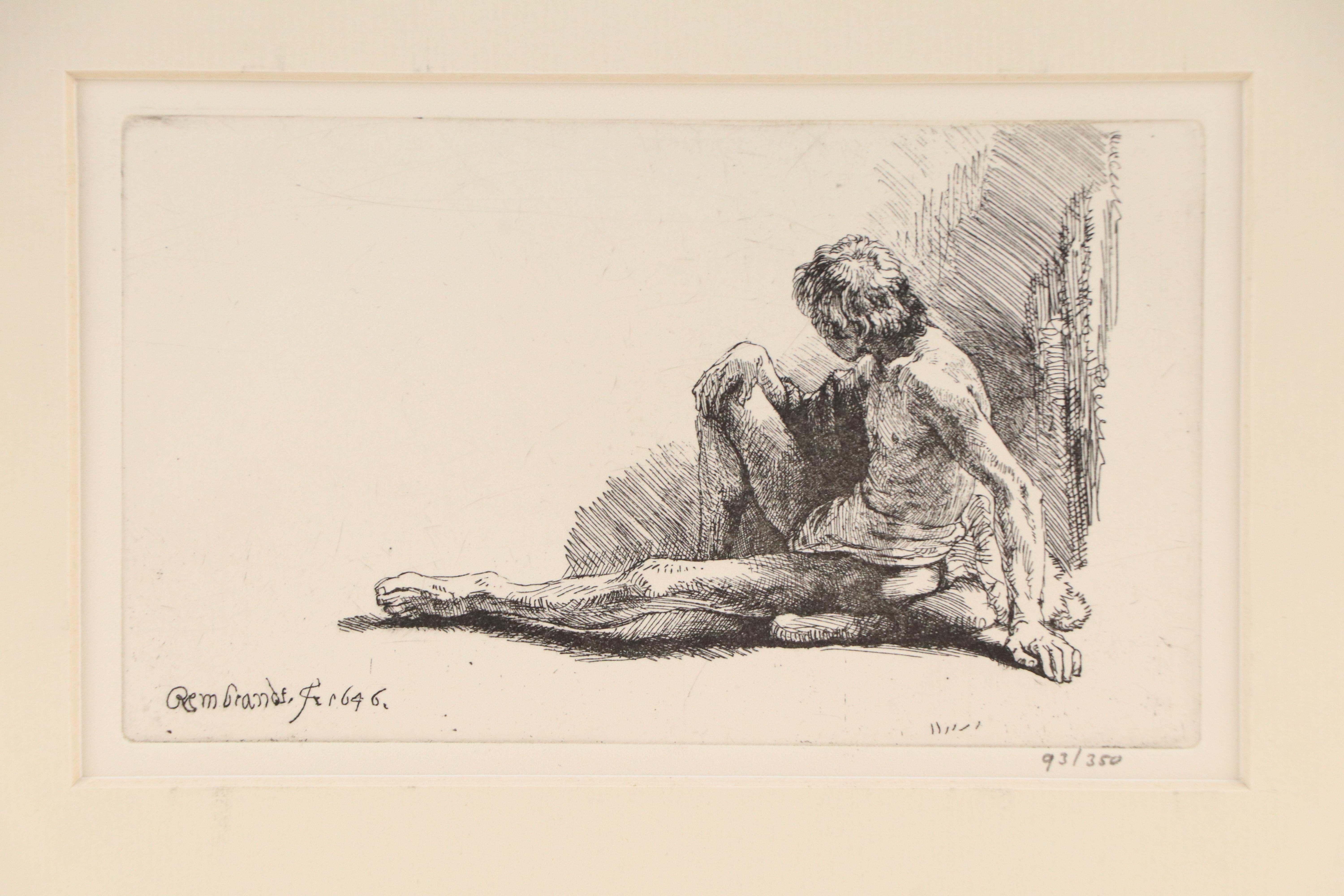 Engraving After Rembrandt of Seated Male Nude with Outstretched Leg