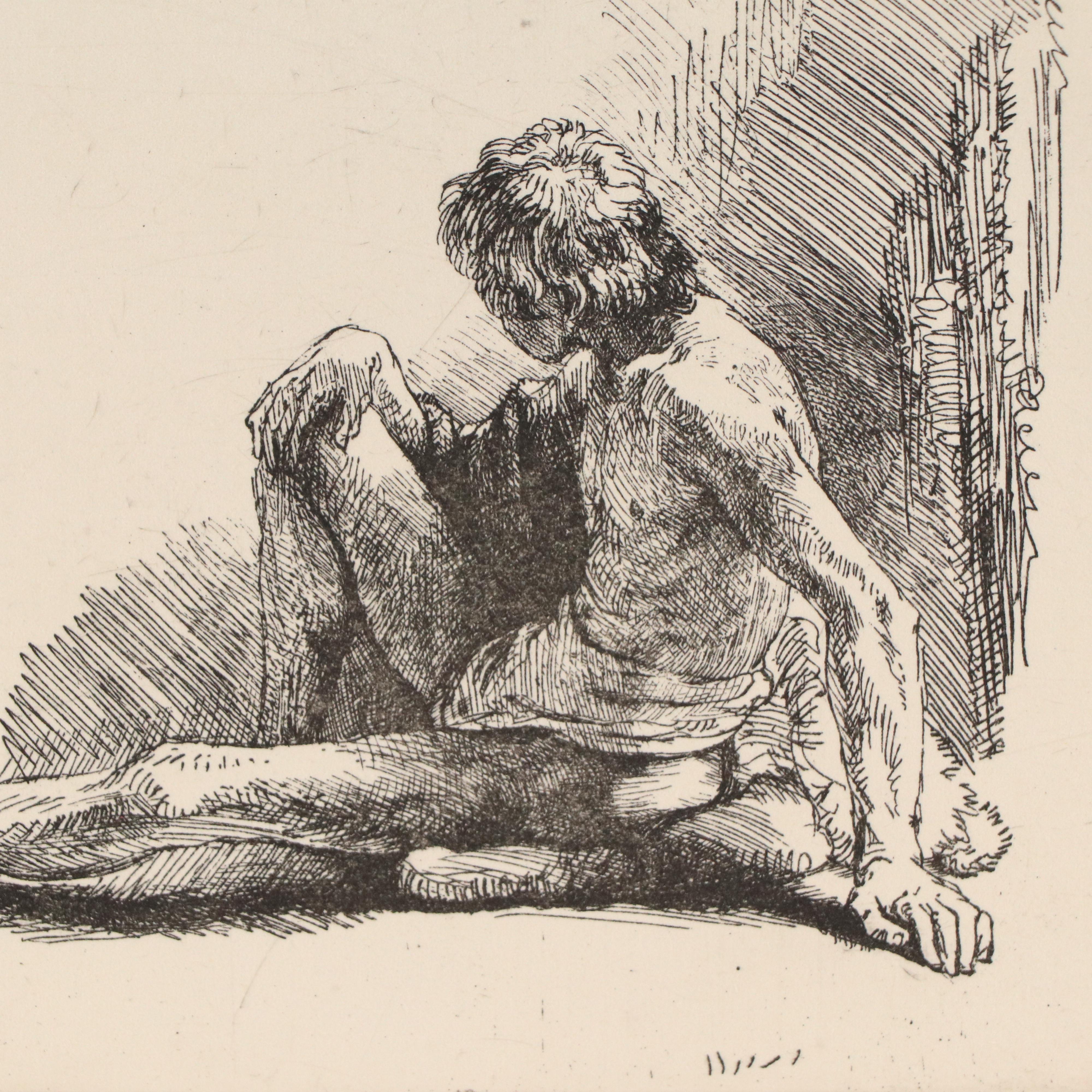 Engraving After Rembrandt of Seated Male Nude with Outstretched Leg