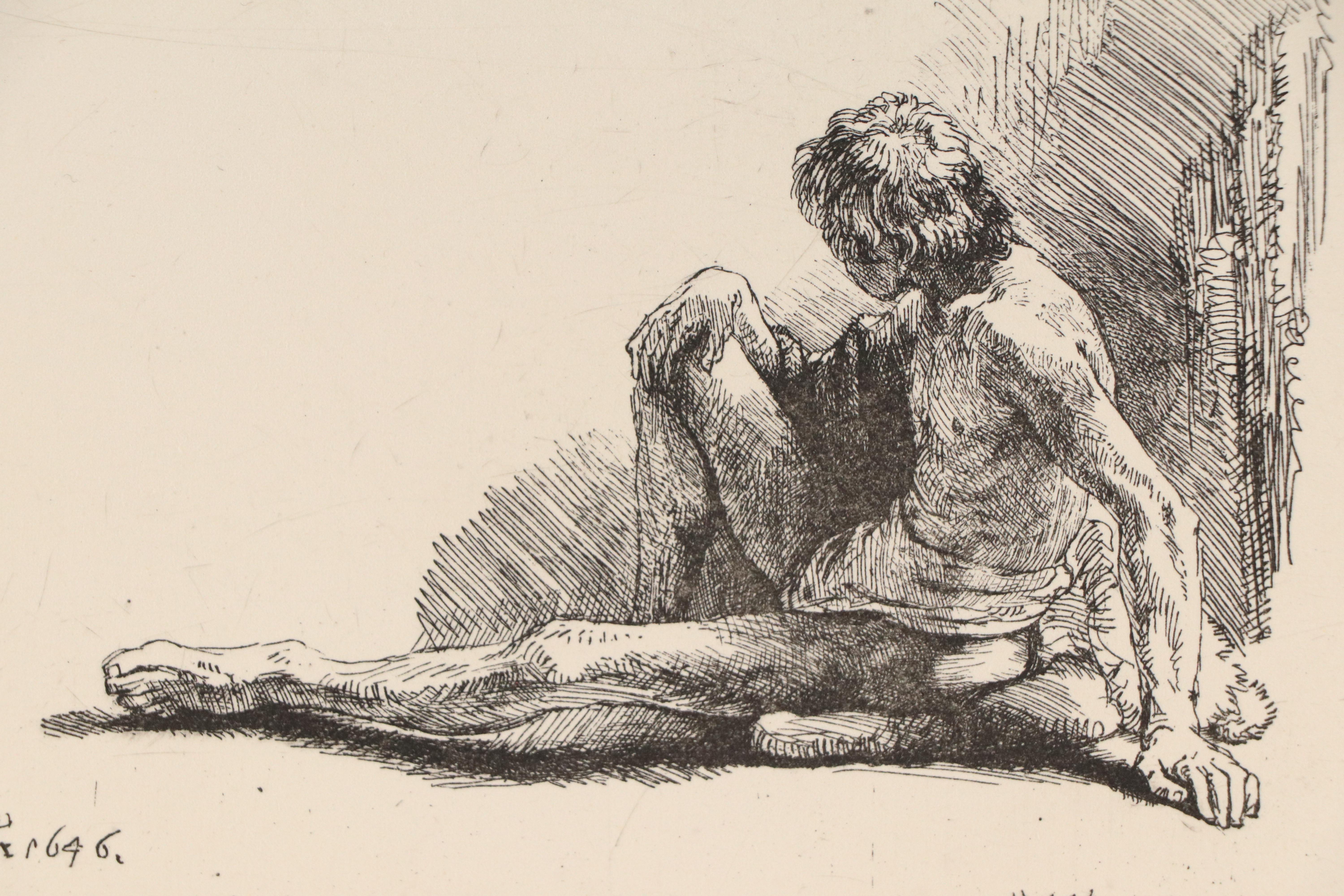 Engraving After Rembrandt of Seated Male Nude with Outstretched Leg