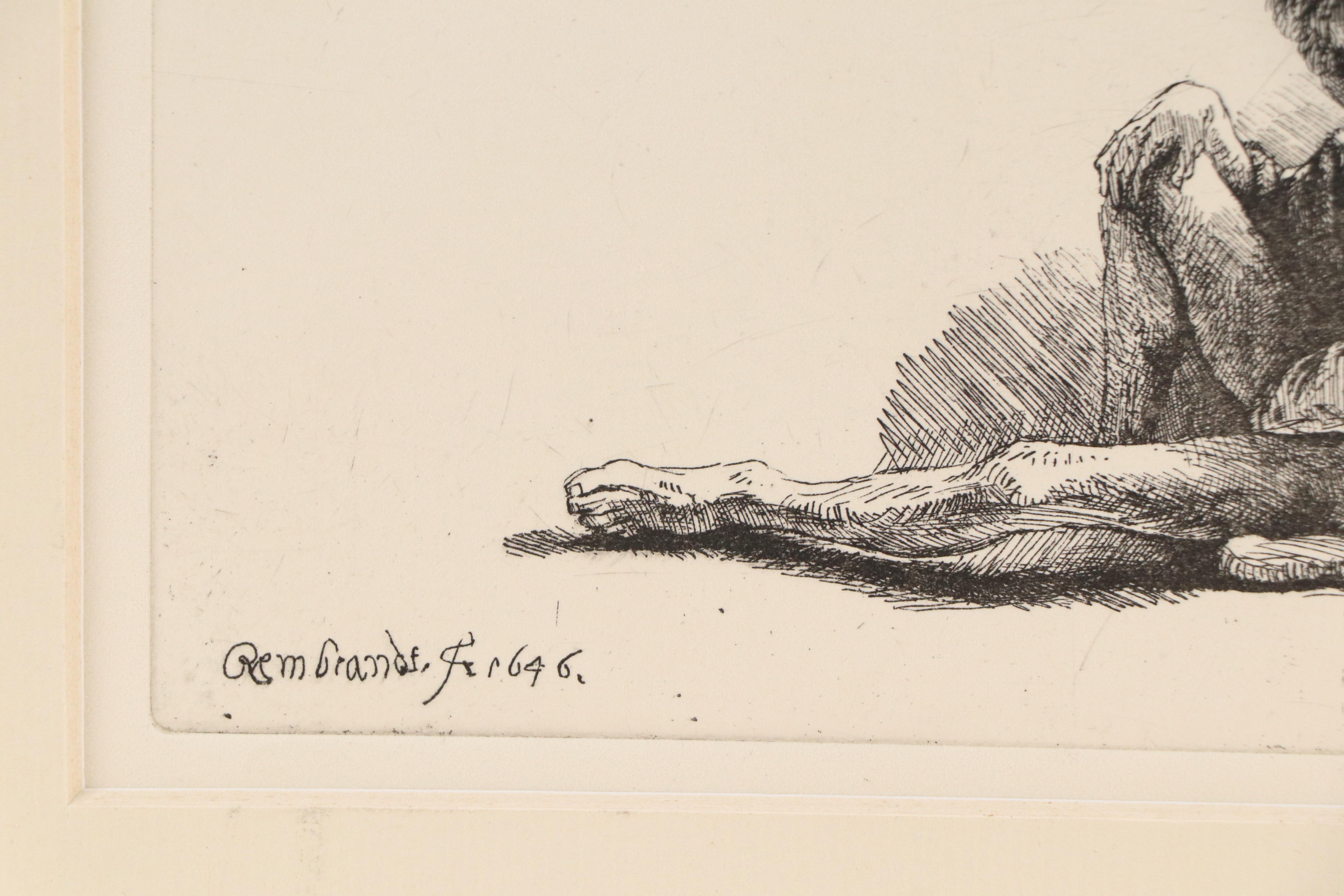 Engraving After Rembrandt of Seated Male Nude with Outstretched Leg