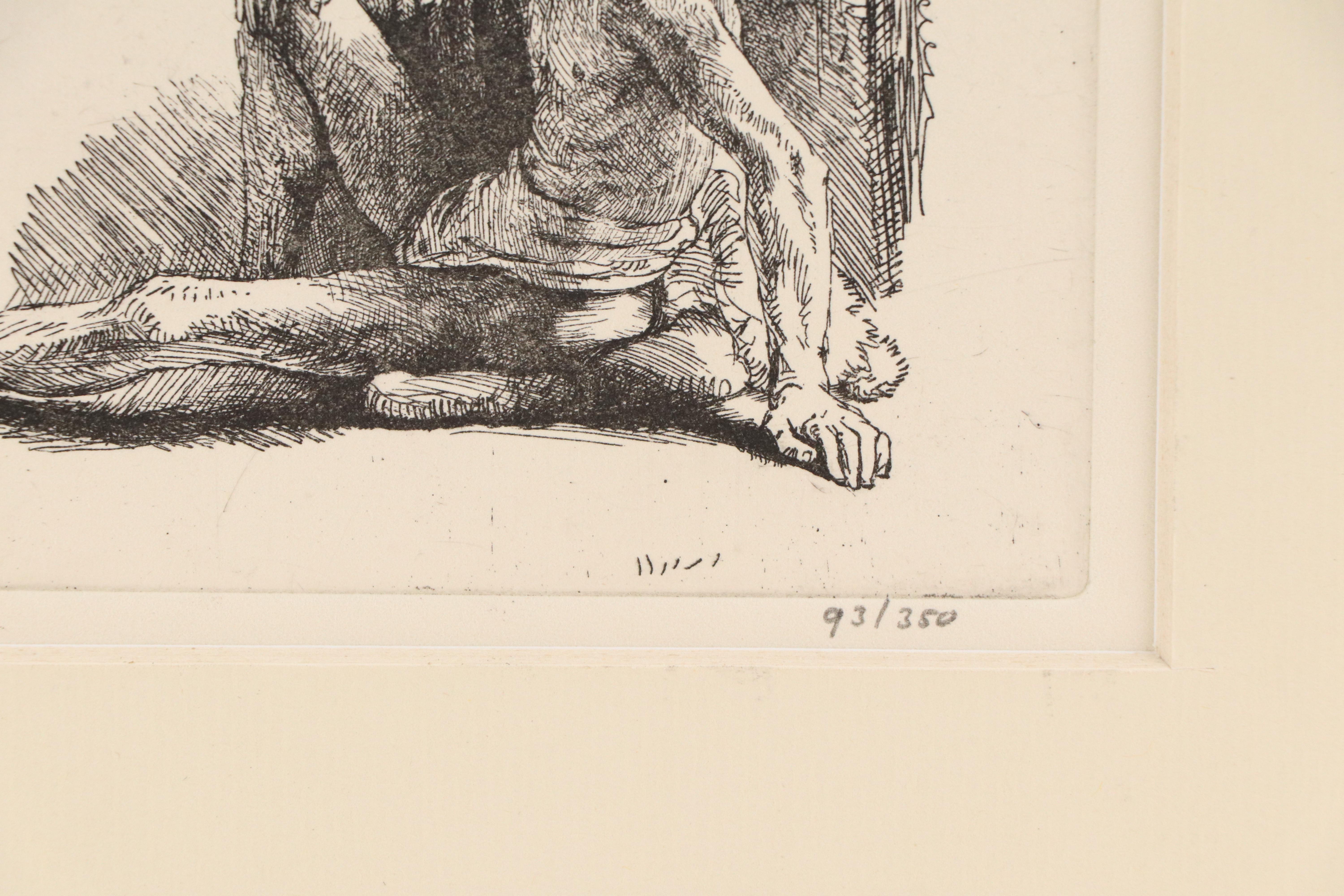 Engraving After Rembrandt of Seated Male Nude with Outstretched Leg