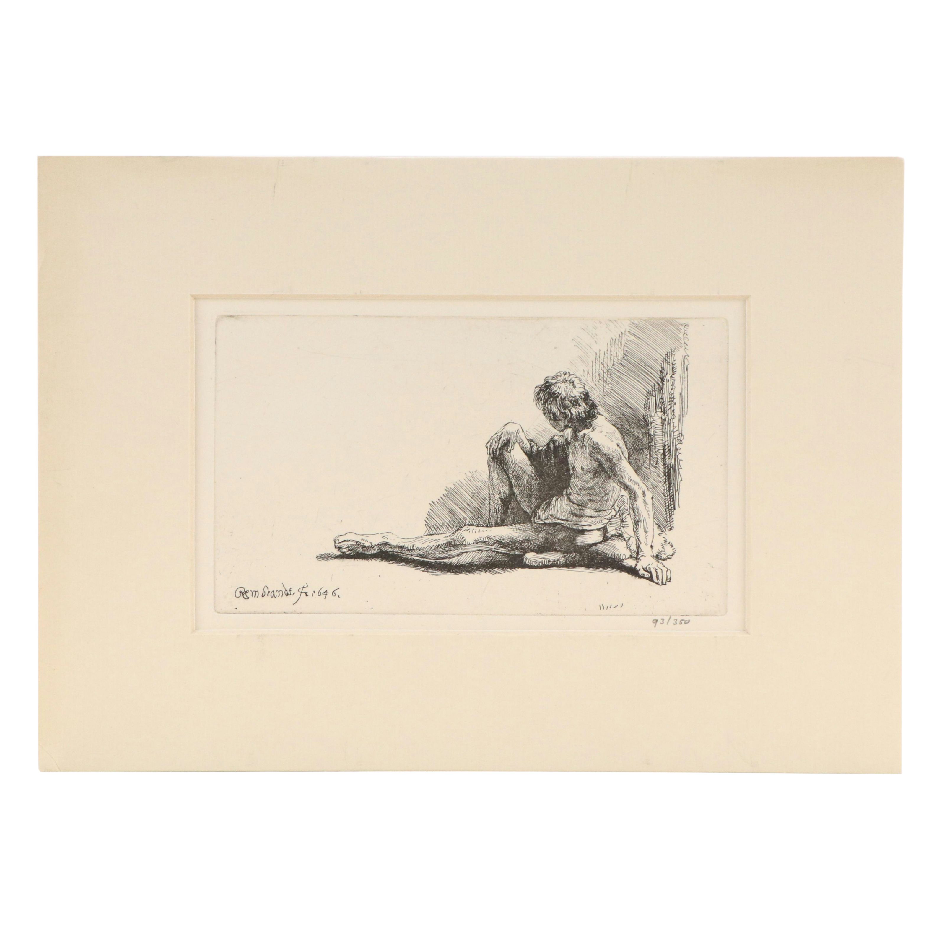 Engraving After Rembrandt of Seated Male Nude with Outstretched Leg