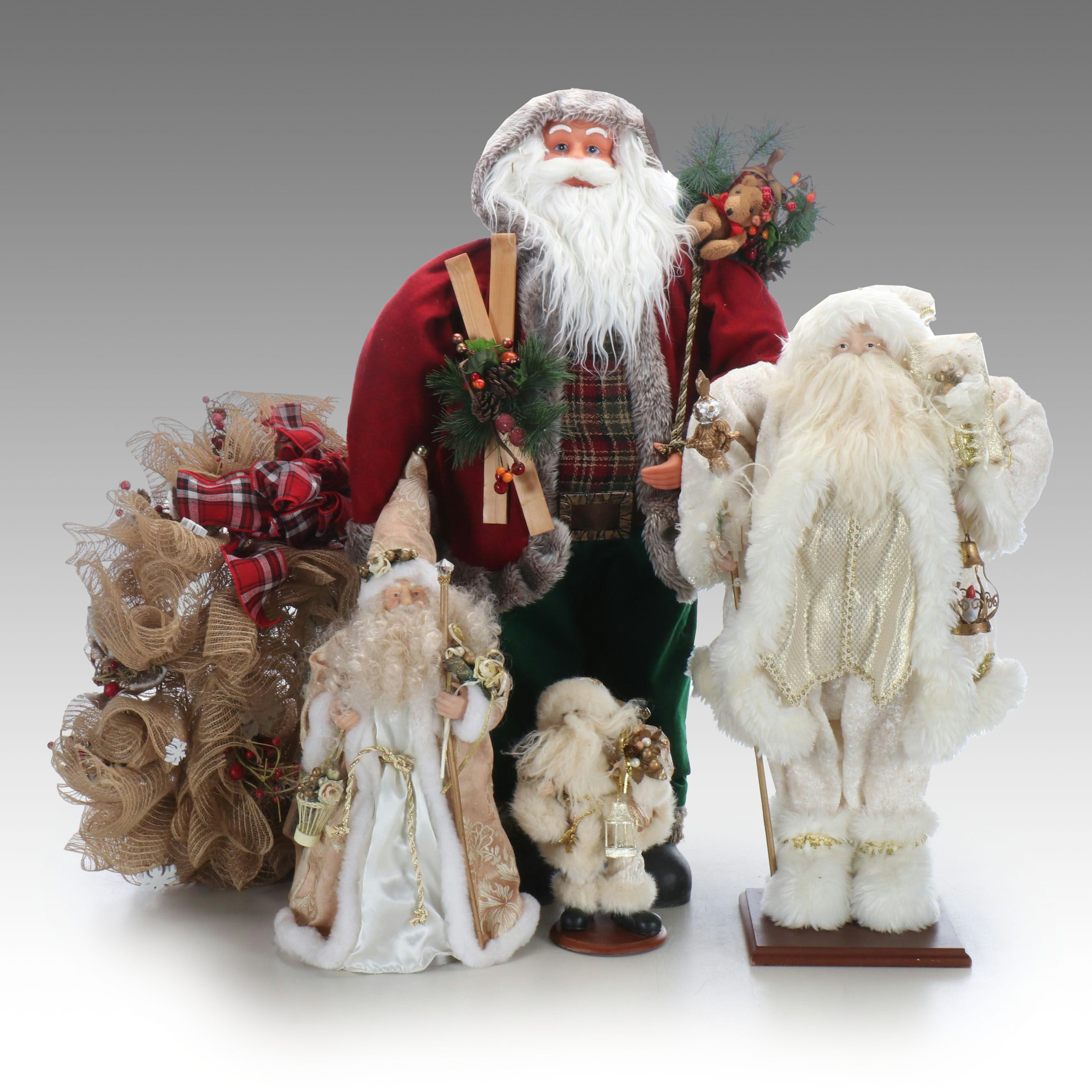 White and Gold Santa Figures and Tree Topper with Rustic Wreath