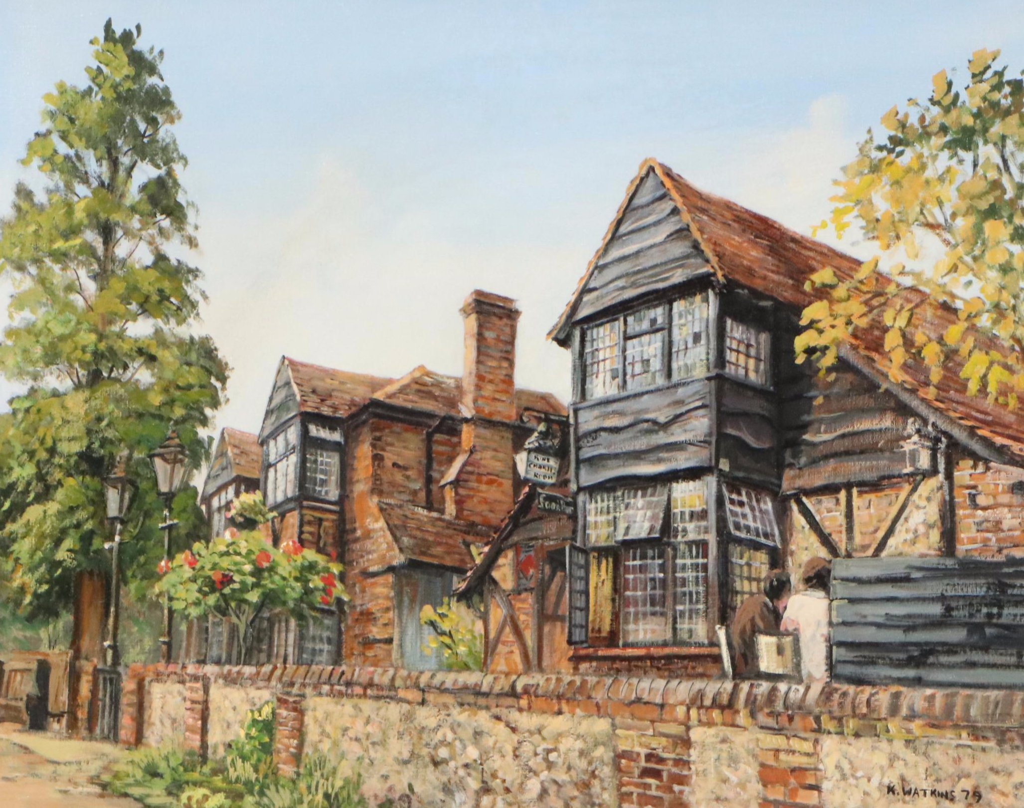 K. Watkins Oil Painting of European Village, 1979