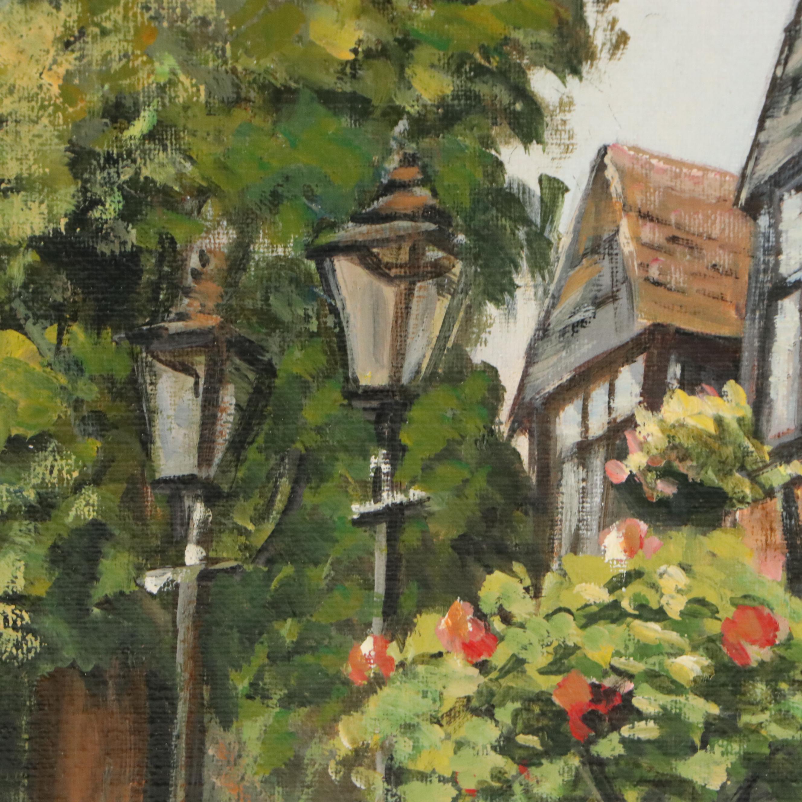 K. Watkins Oil Painting of European Village, 1979