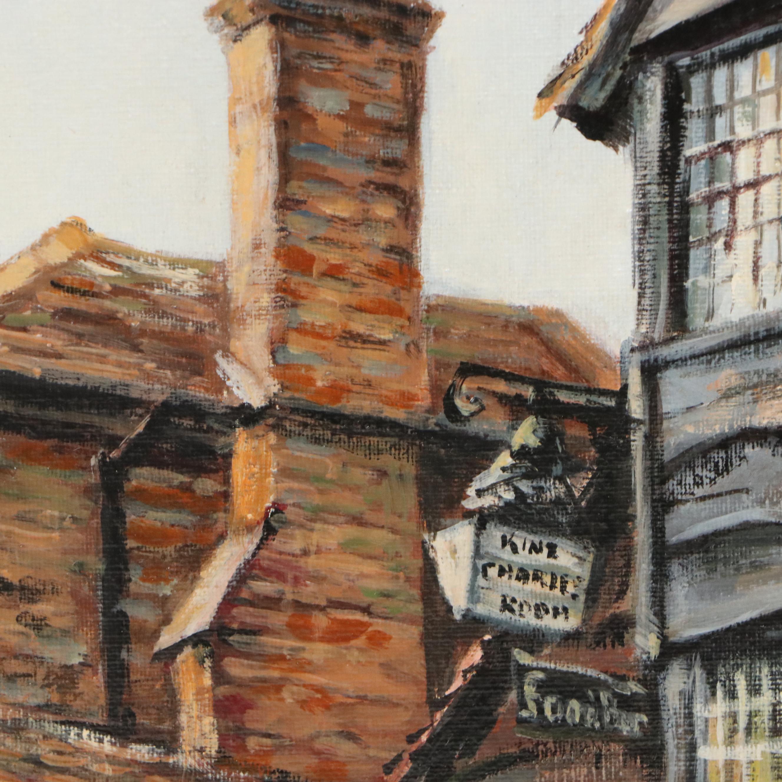 K. Watkins Oil Painting of European Village, 1979