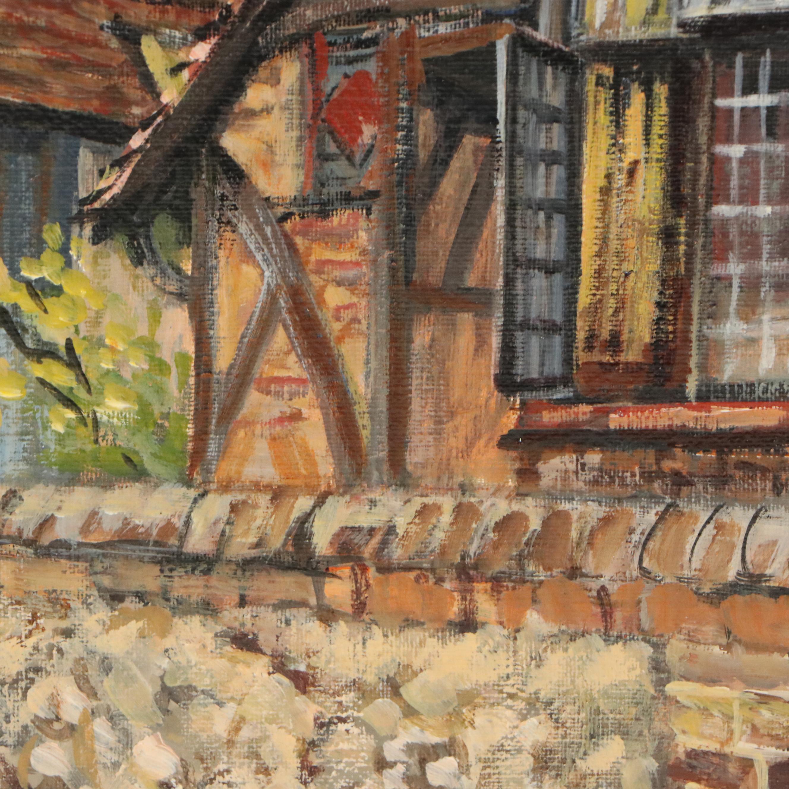 K. Watkins Oil Painting of European Village, 1979