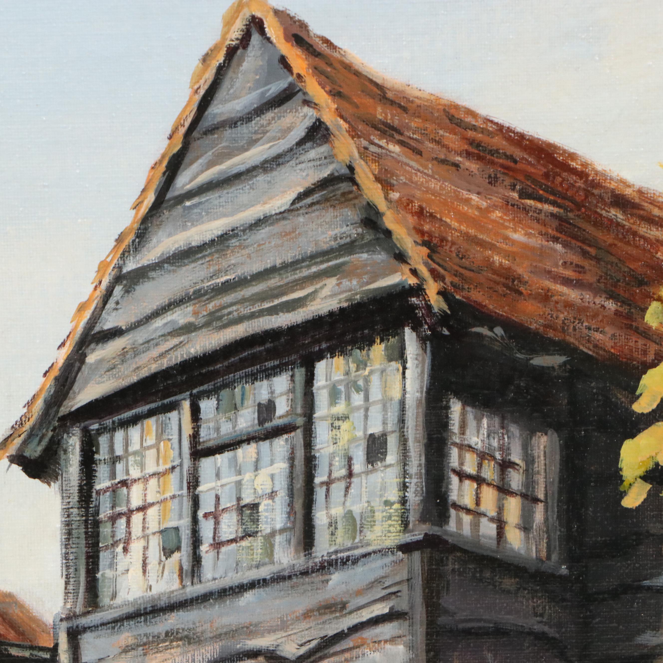 K. Watkins Oil Painting of European Village, 1979