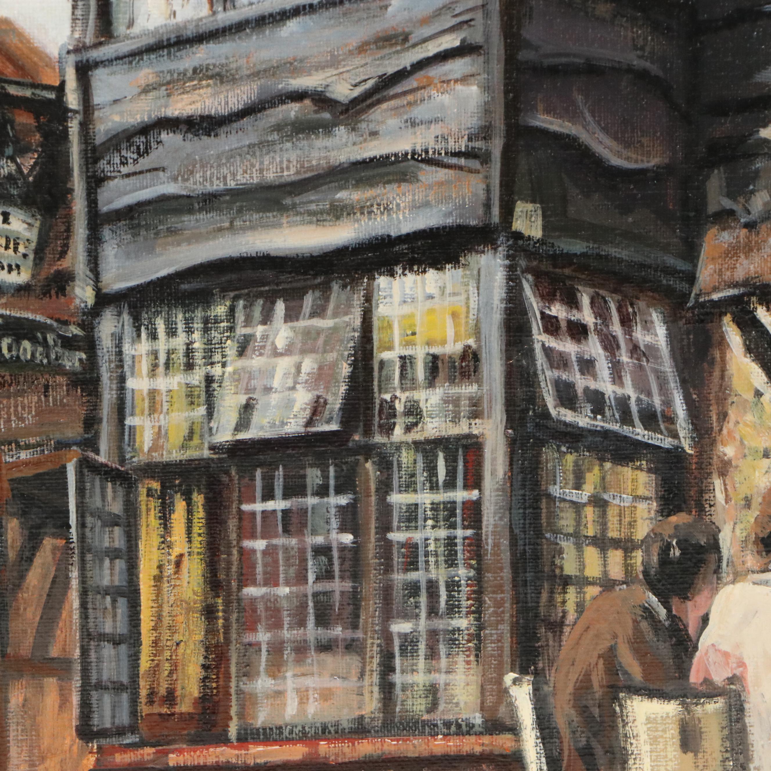 K. Watkins Oil Painting of European Village, 1979