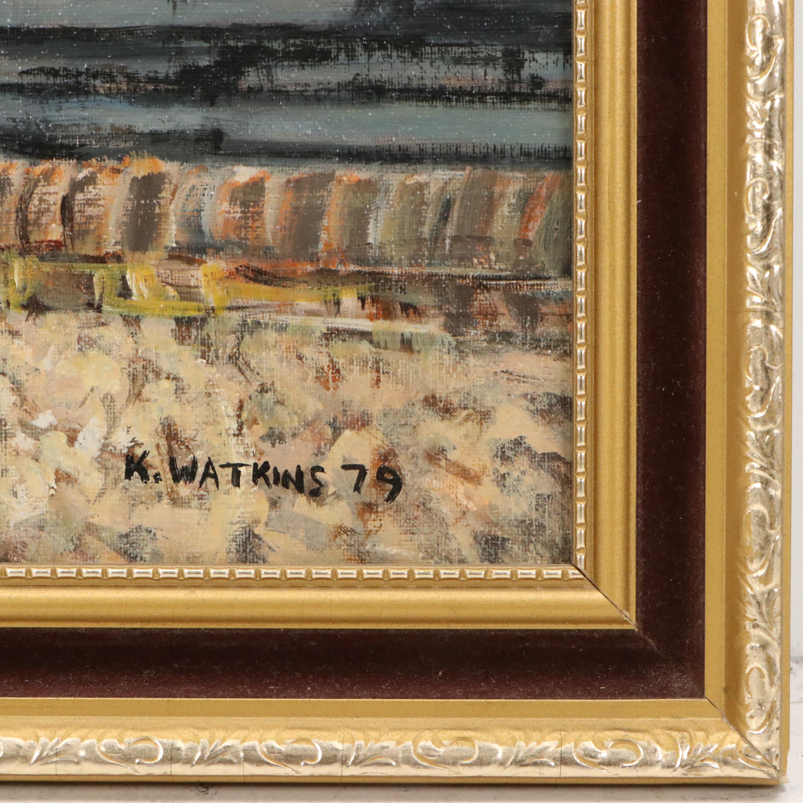 K. Watkins Oil Painting of European Village, 1979