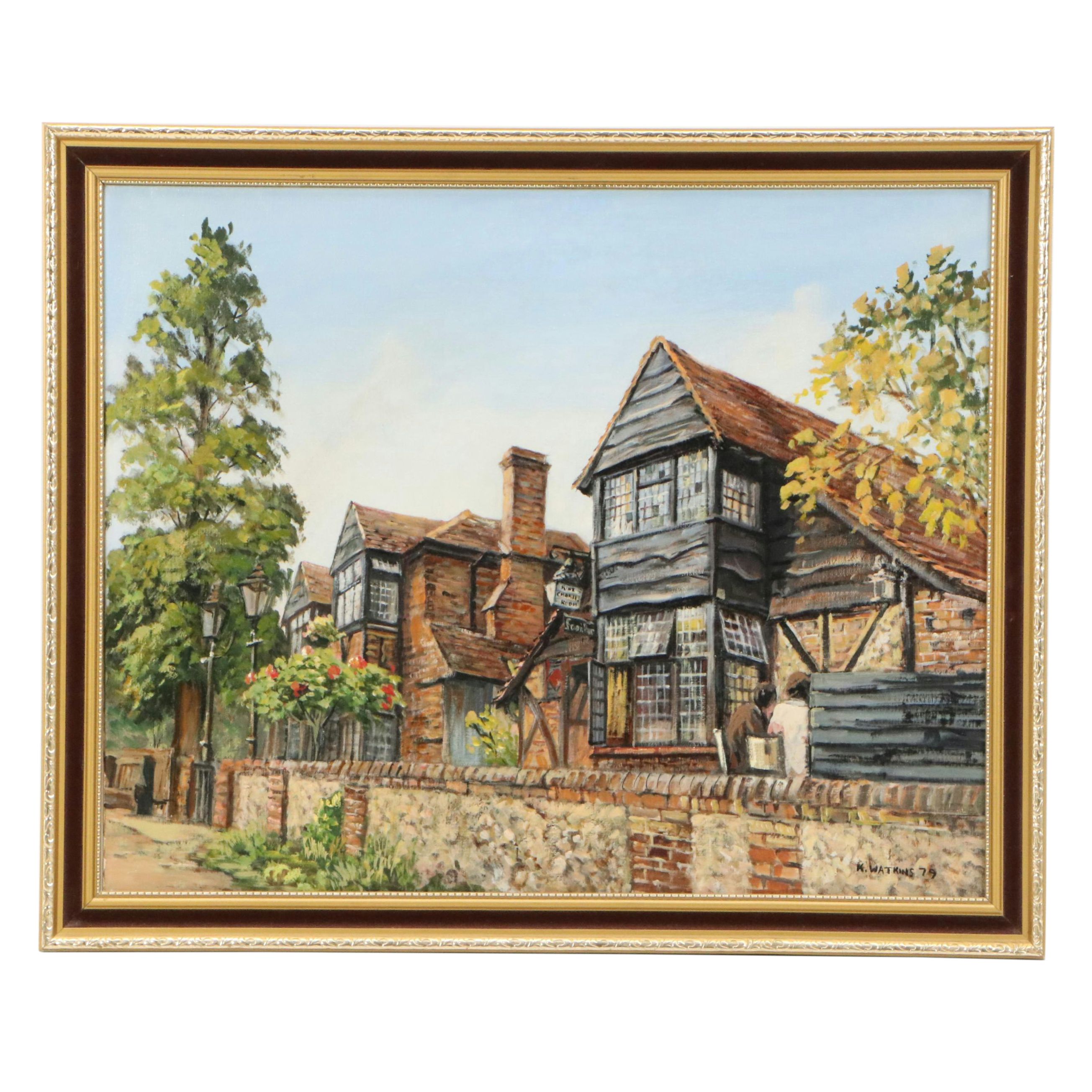 K. Watkins Oil Painting of European Village, 1979