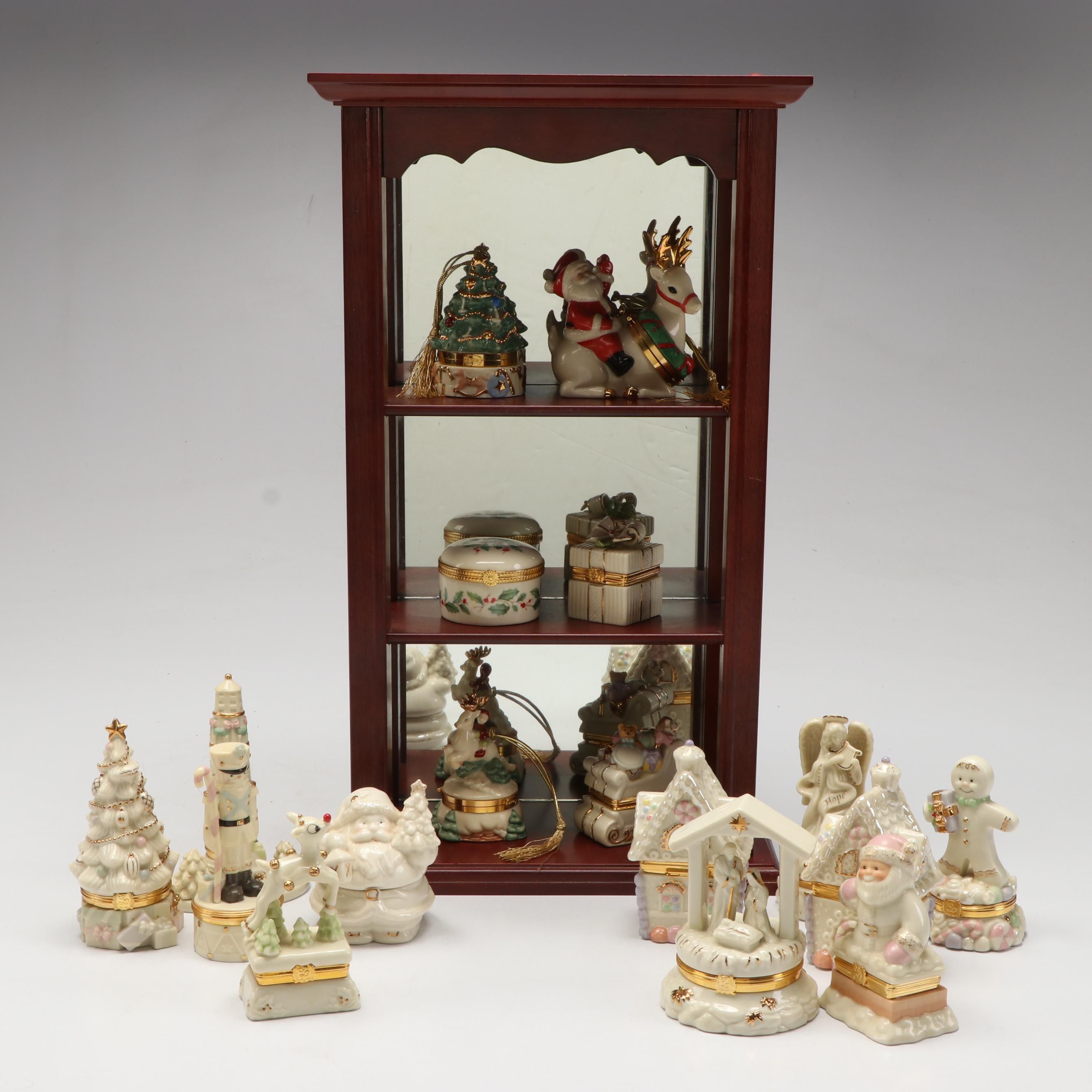 Lenox Porcelain Christmas Boxes with Wooden Display Stand