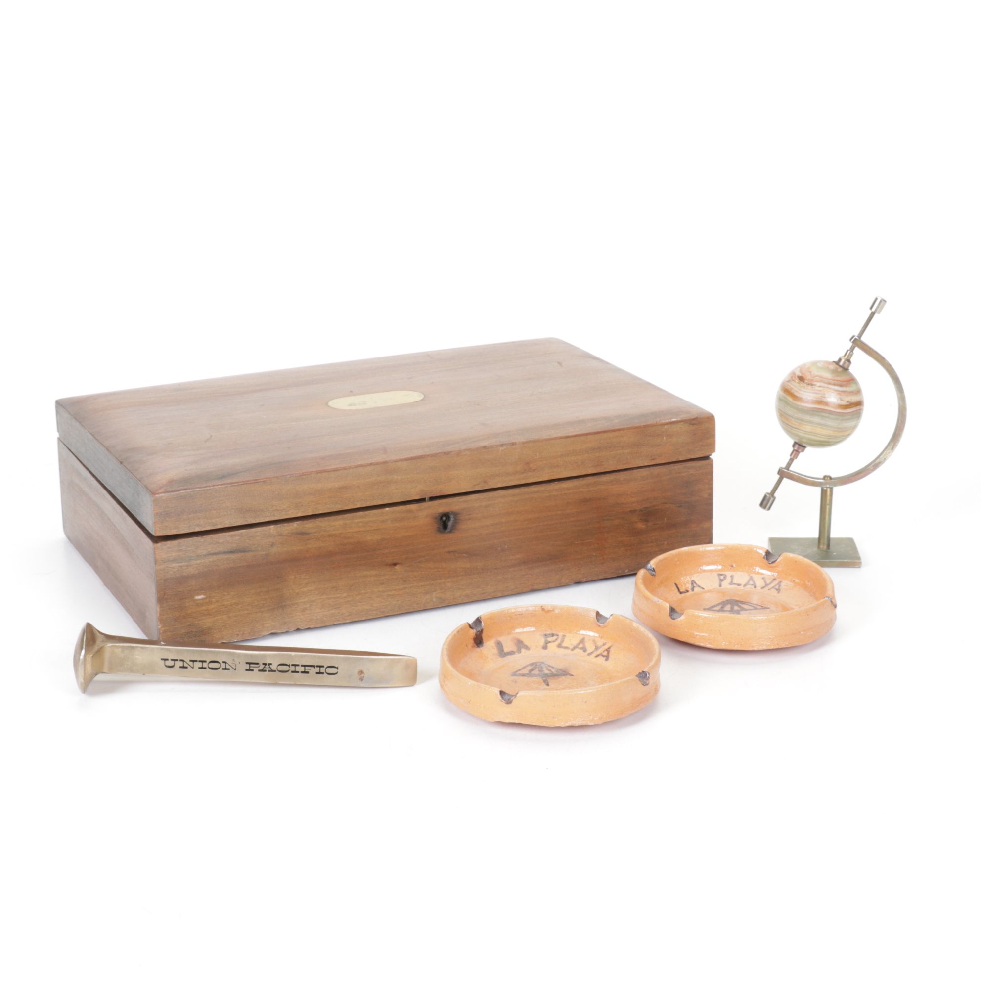 Hand-Crafted Humidor with Souvenir Ashtrays, Banded Calcite Globe & More