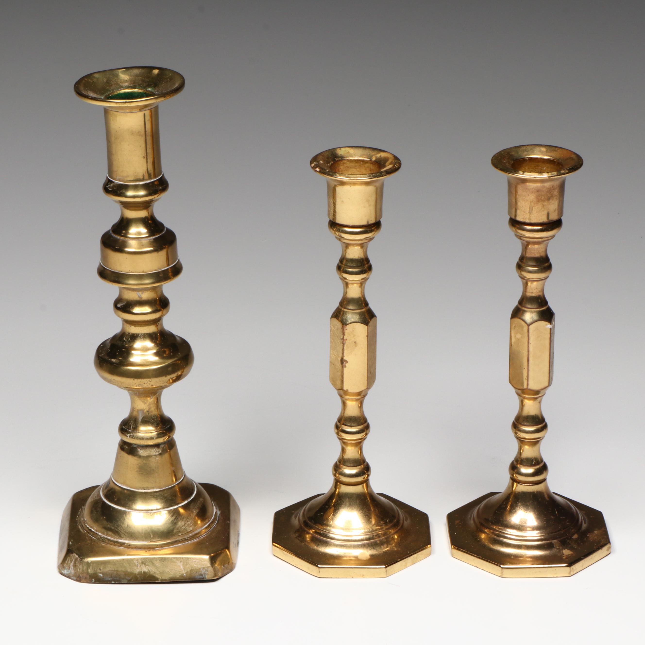 Pair of Baldwin Brass Candlesticks with Other Brass Candlestick, 20th Century