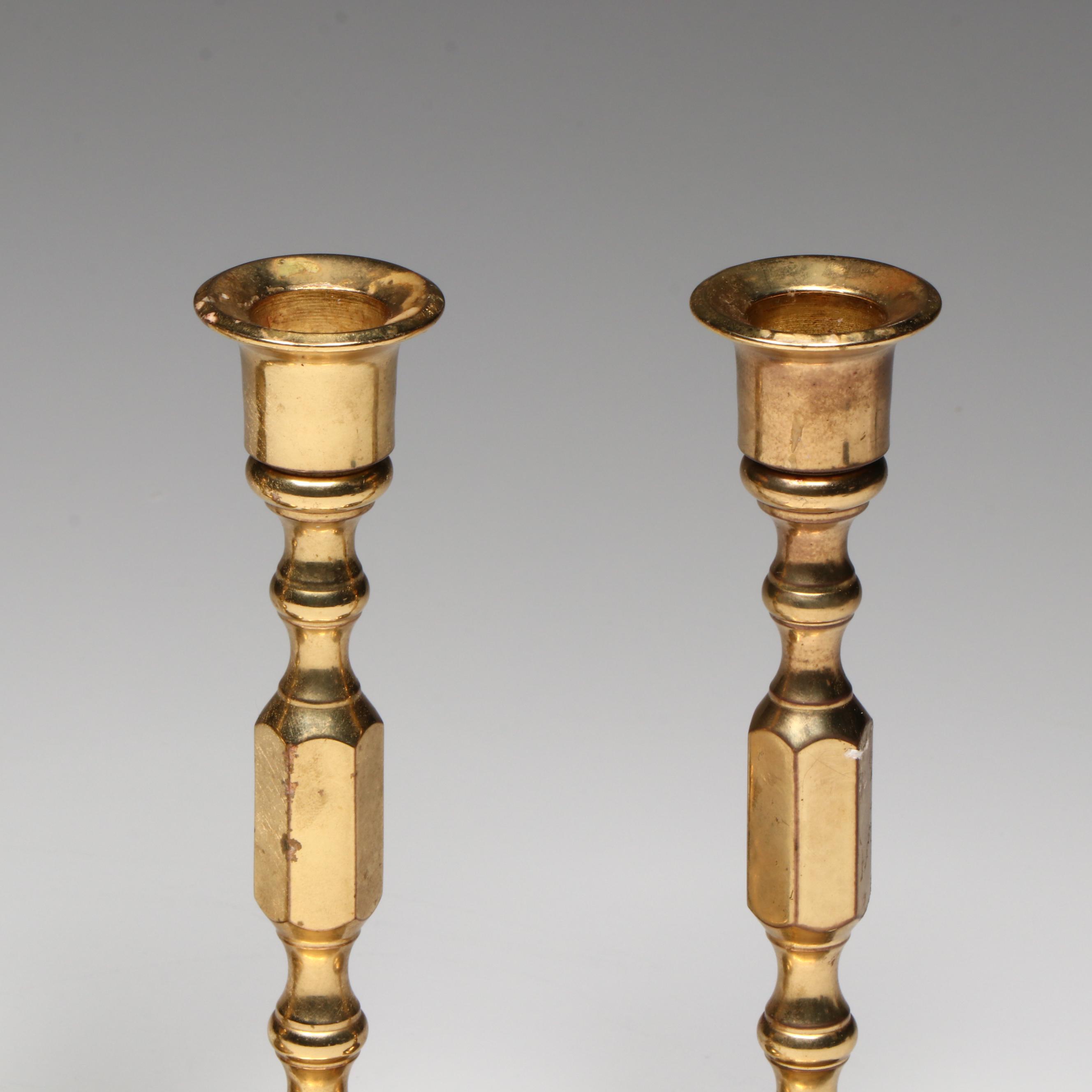 Pair of Baldwin Brass Candlesticks with Other Brass Candlestick, 20th Century