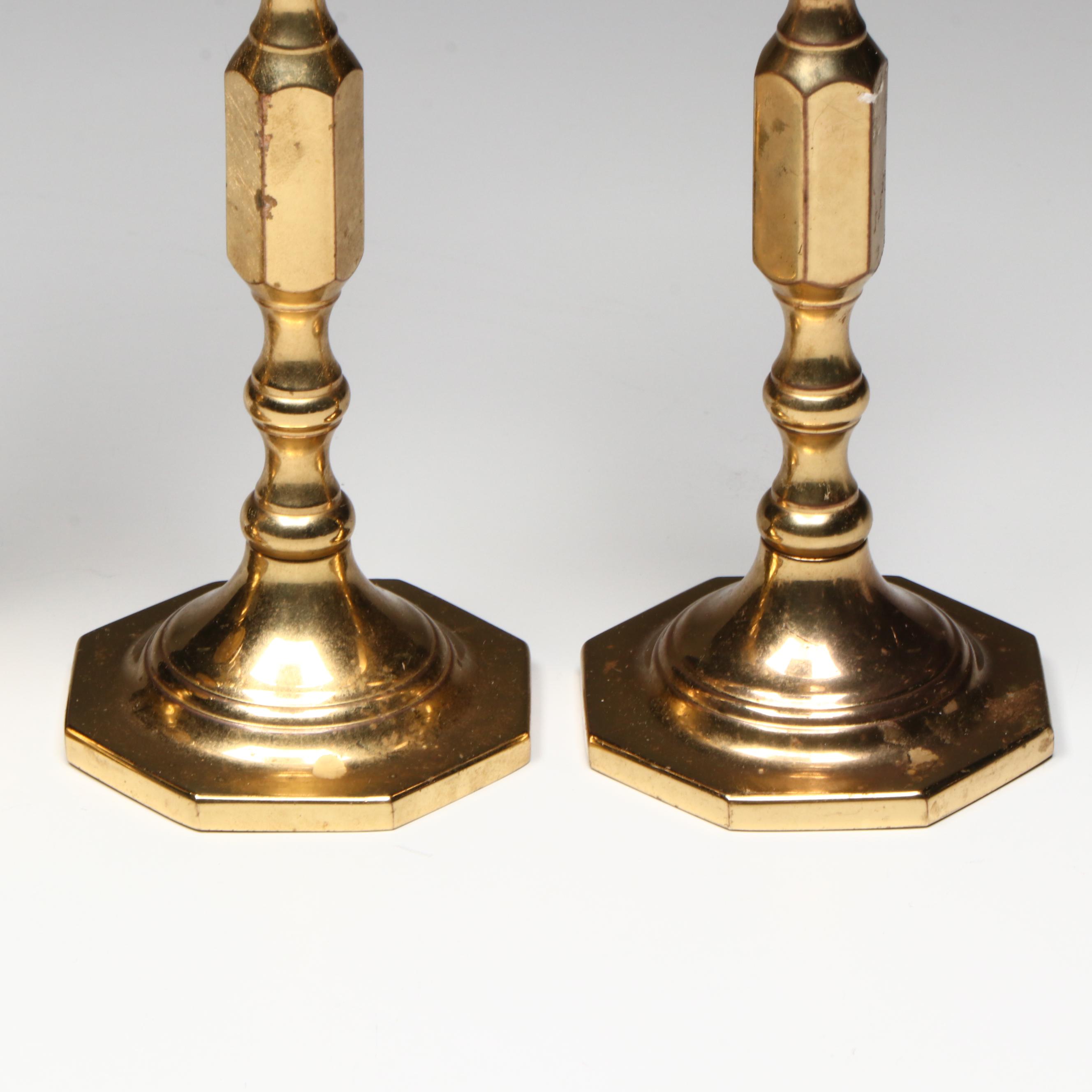 Pair of Baldwin Brass Candlesticks with Other Brass Candlestick, 20th Century