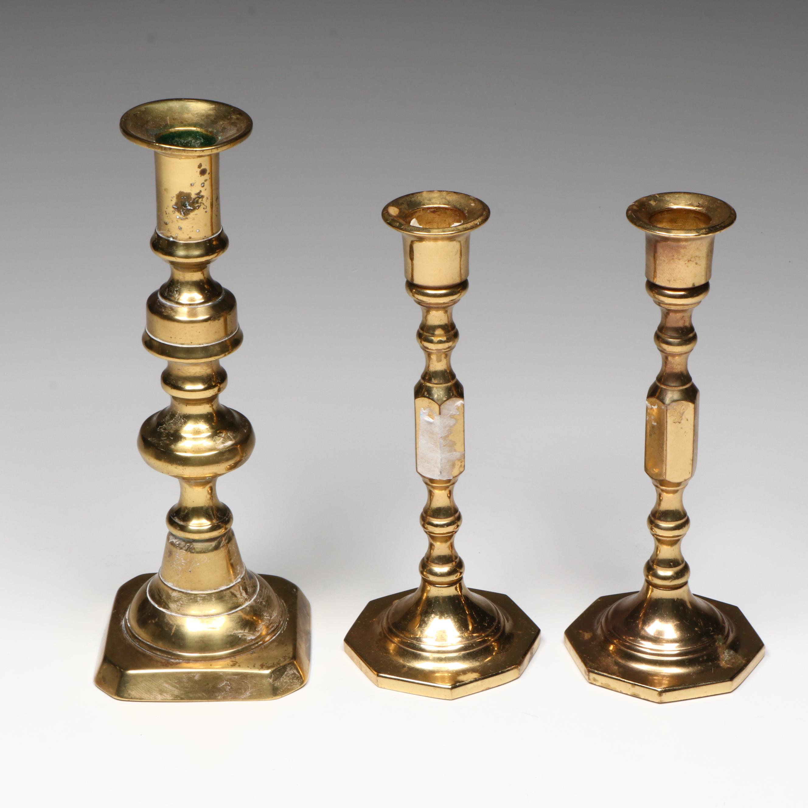 Pair of Baldwin Brass Candlesticks with Other Brass Candlestick, 20th Century