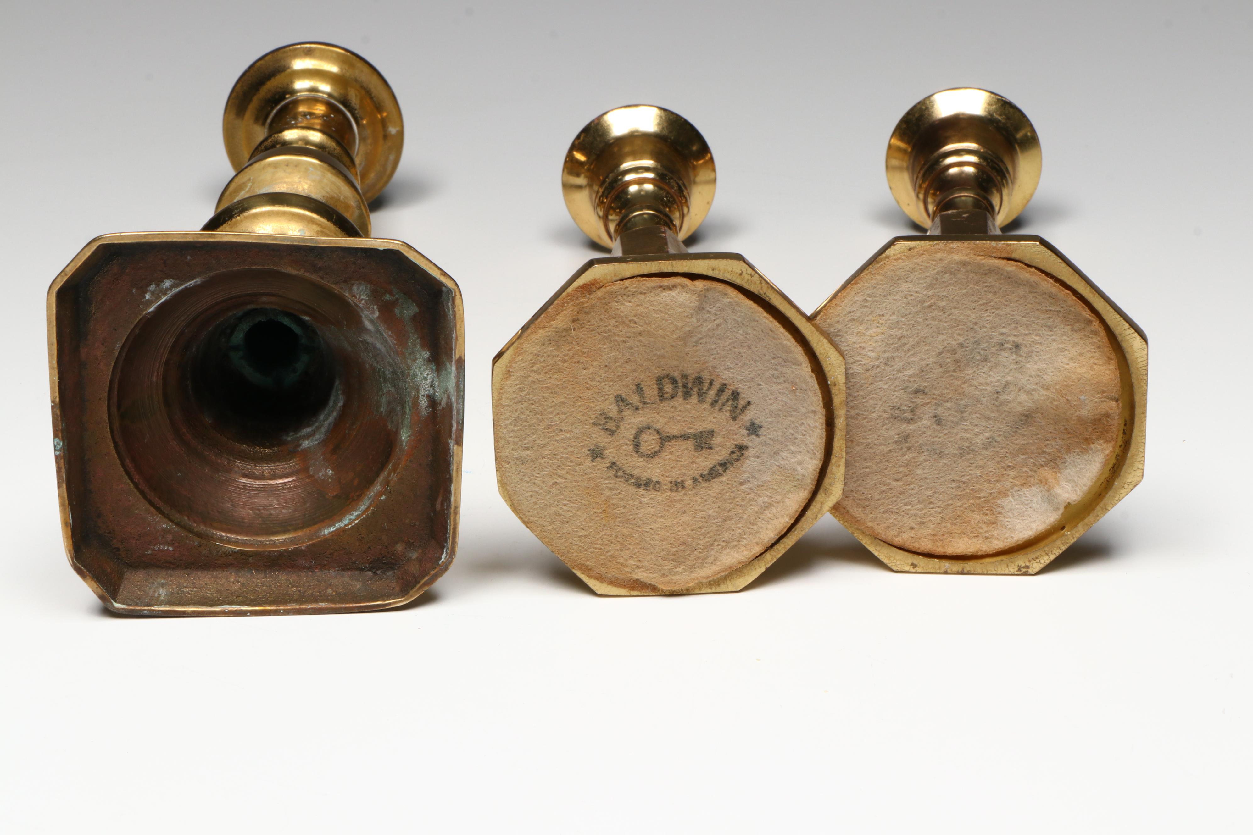 Pair of Baldwin Brass Candlesticks with Other Brass Candlestick, 20th Century