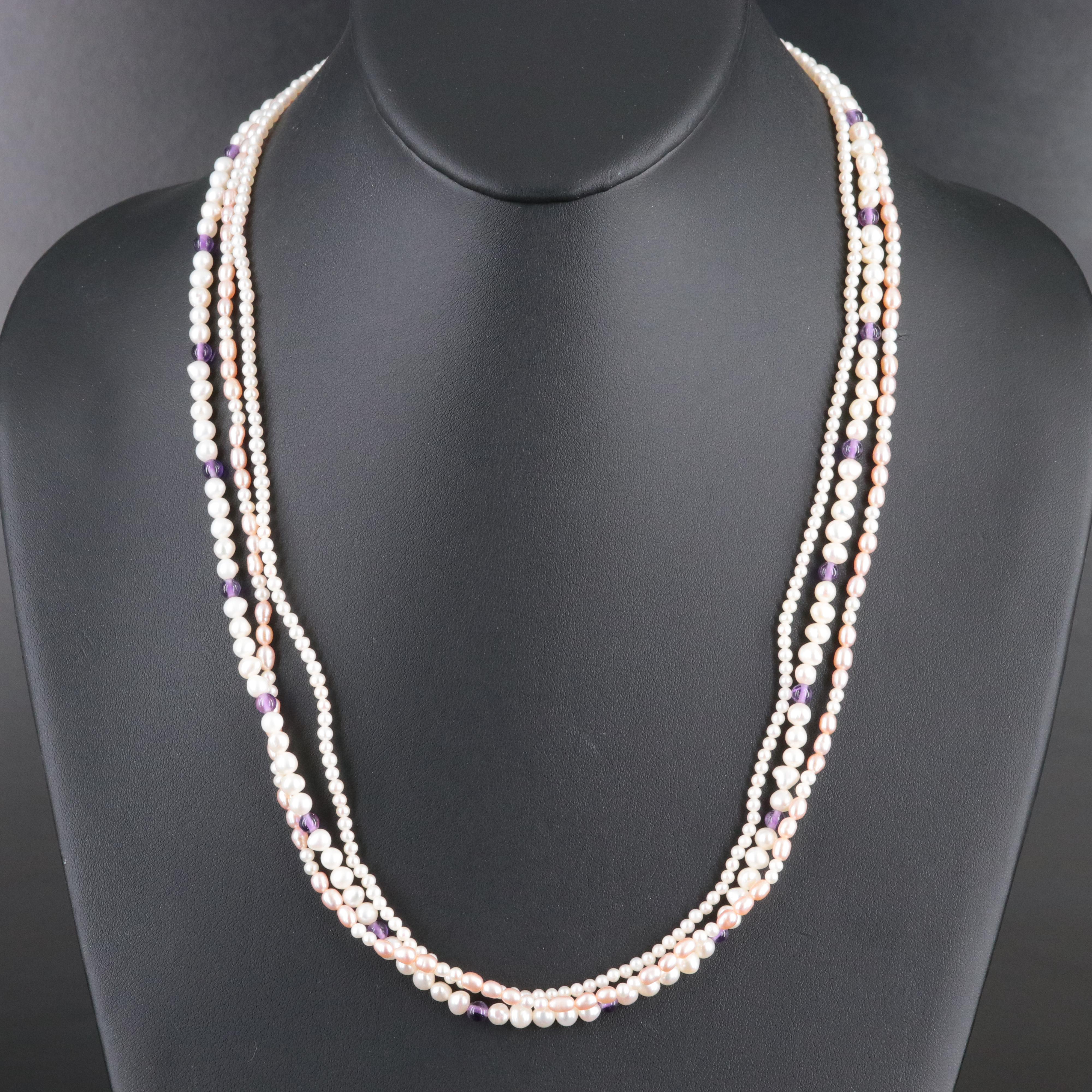 Vintage Multi-Strand Pearl and Amethyst Necklace with 14K Clasp