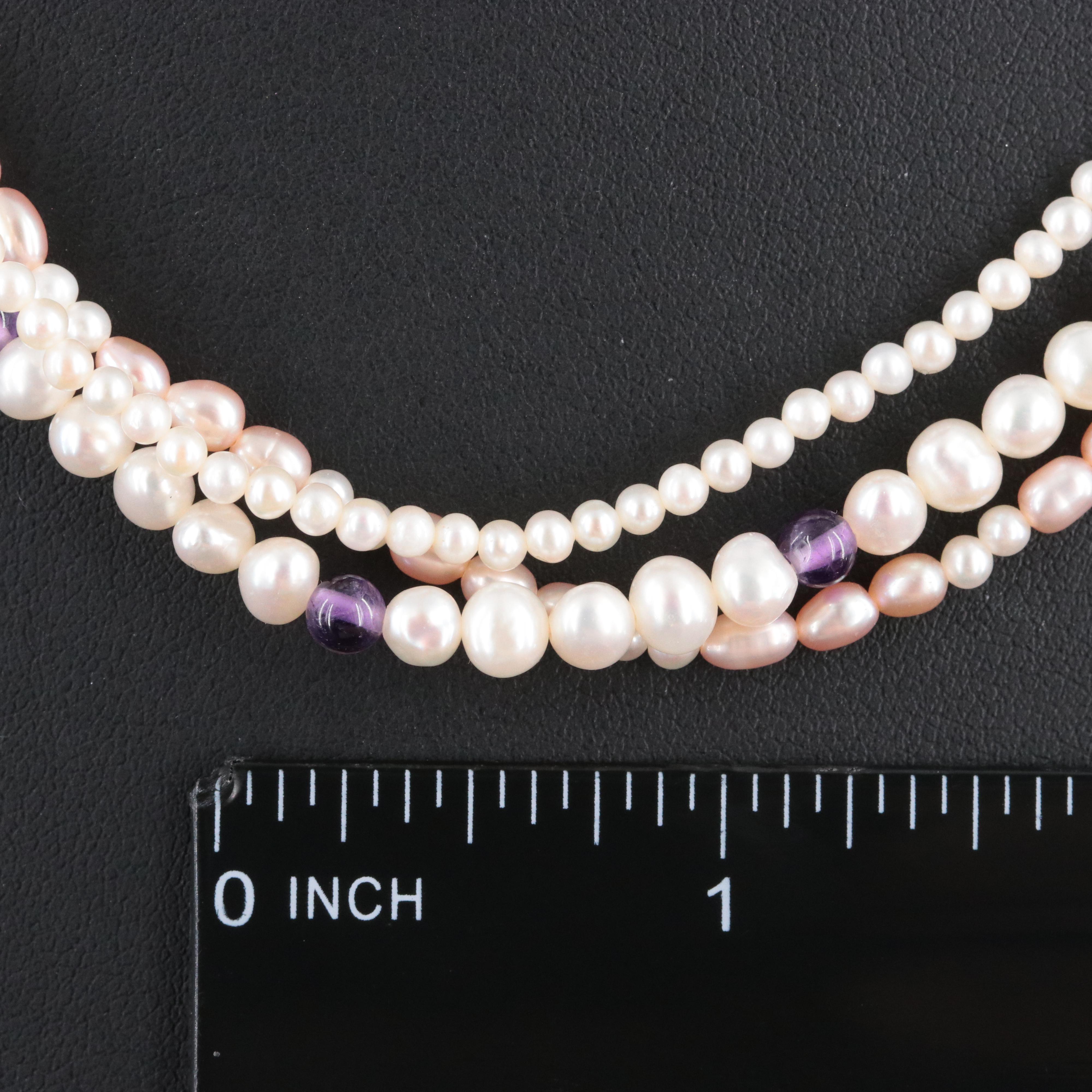 Vintage Multi-Strand Pearl and Amethyst Necklace with 14K Clasp