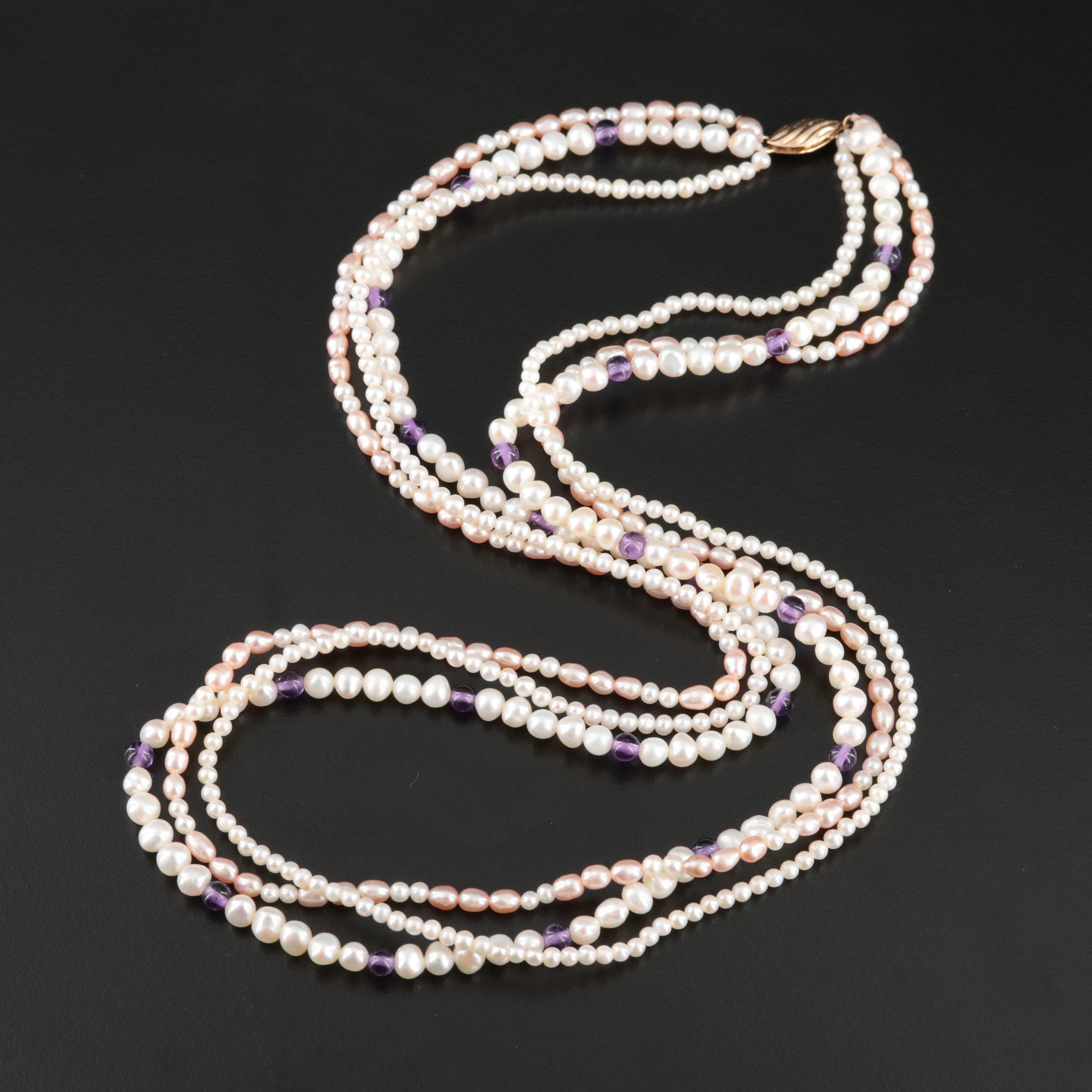 Vintage Multi-Strand Pearl and Amethyst Necklace with 14K Clasp