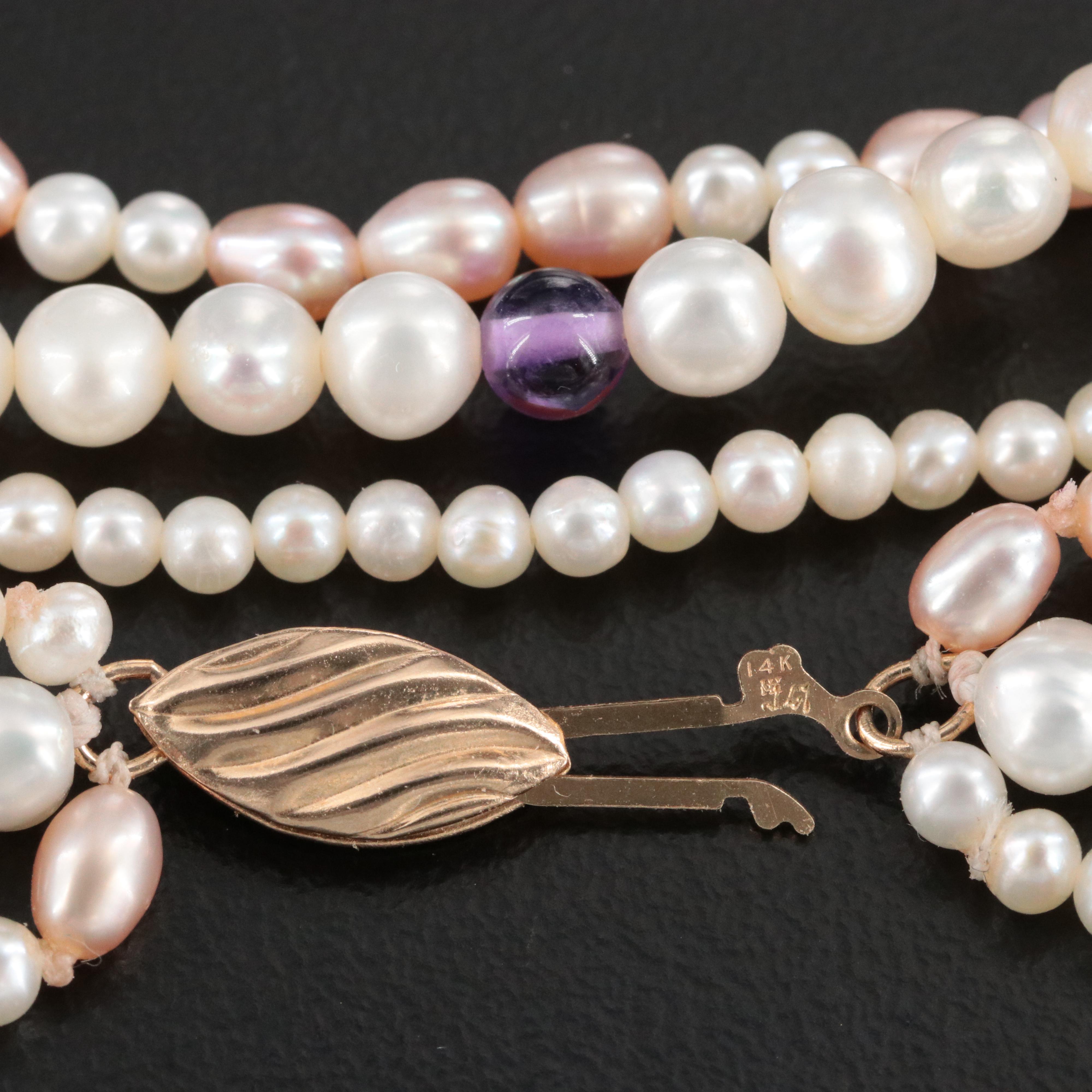 Vintage Multi-Strand Pearl and Amethyst Necklace with 14K Clasp