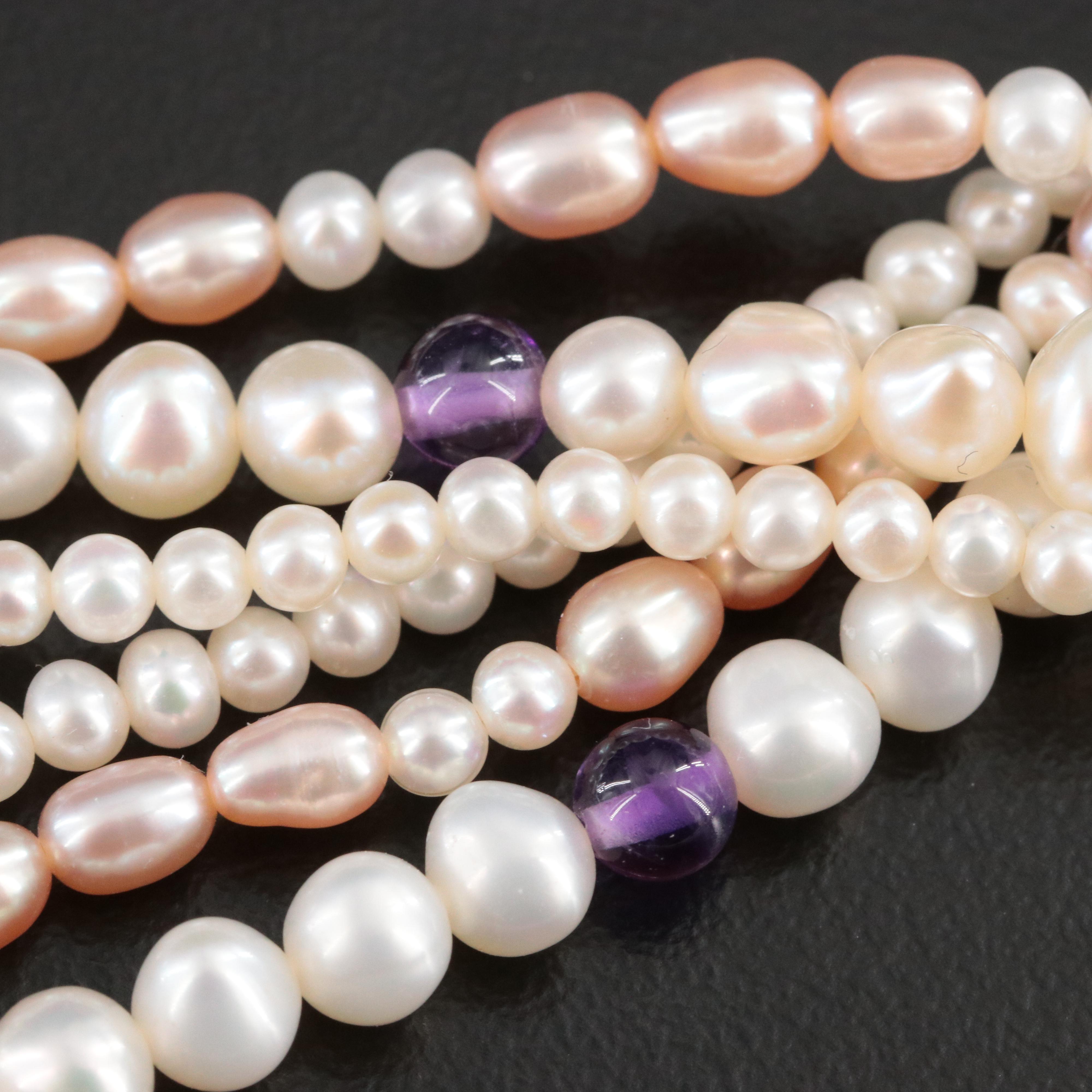 Vintage Multi-Strand Pearl and Amethyst Necklace with 14K Clasp