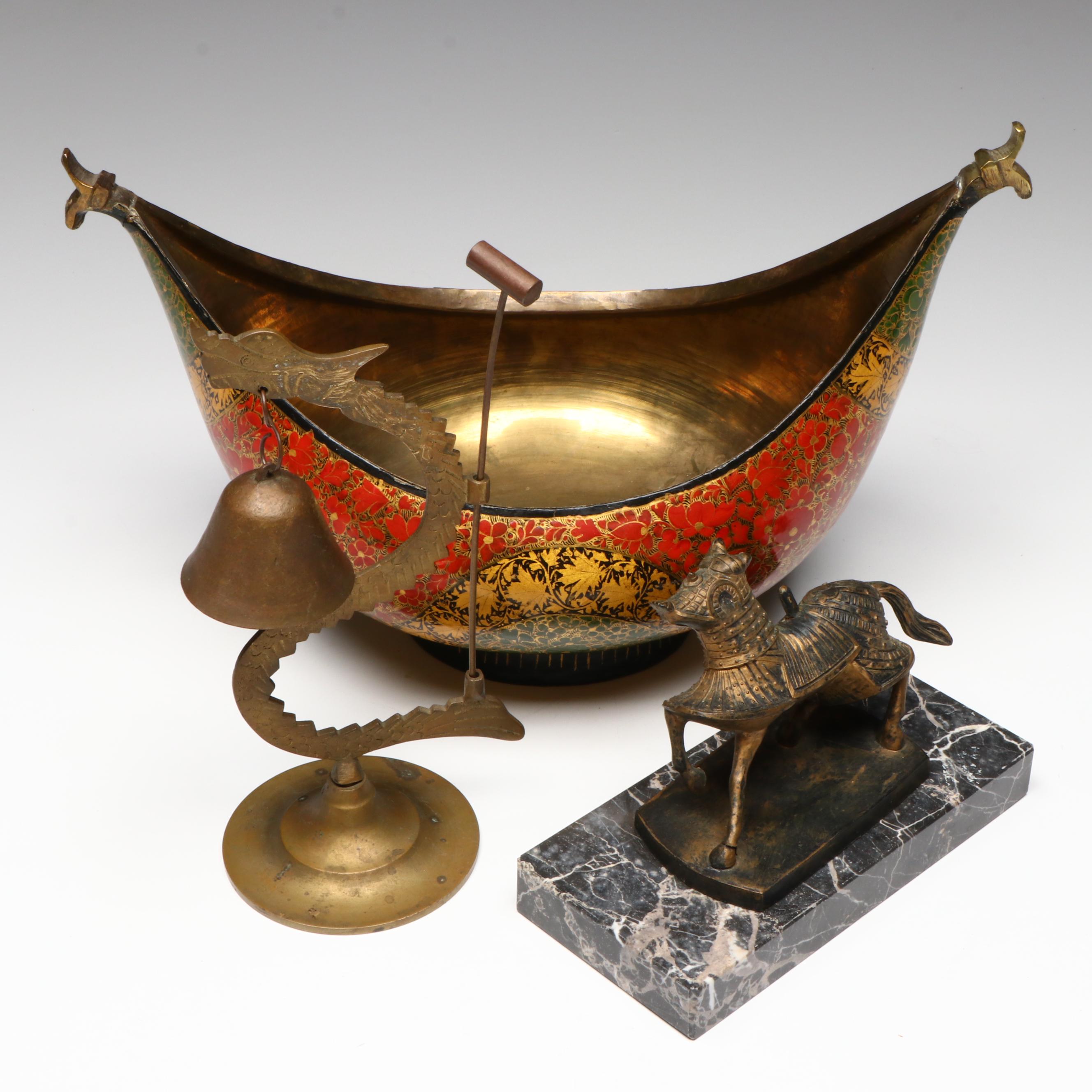 Kashmiri Lacquered Brass Beggar's Bowl and Bell with Armored Horse Figurine