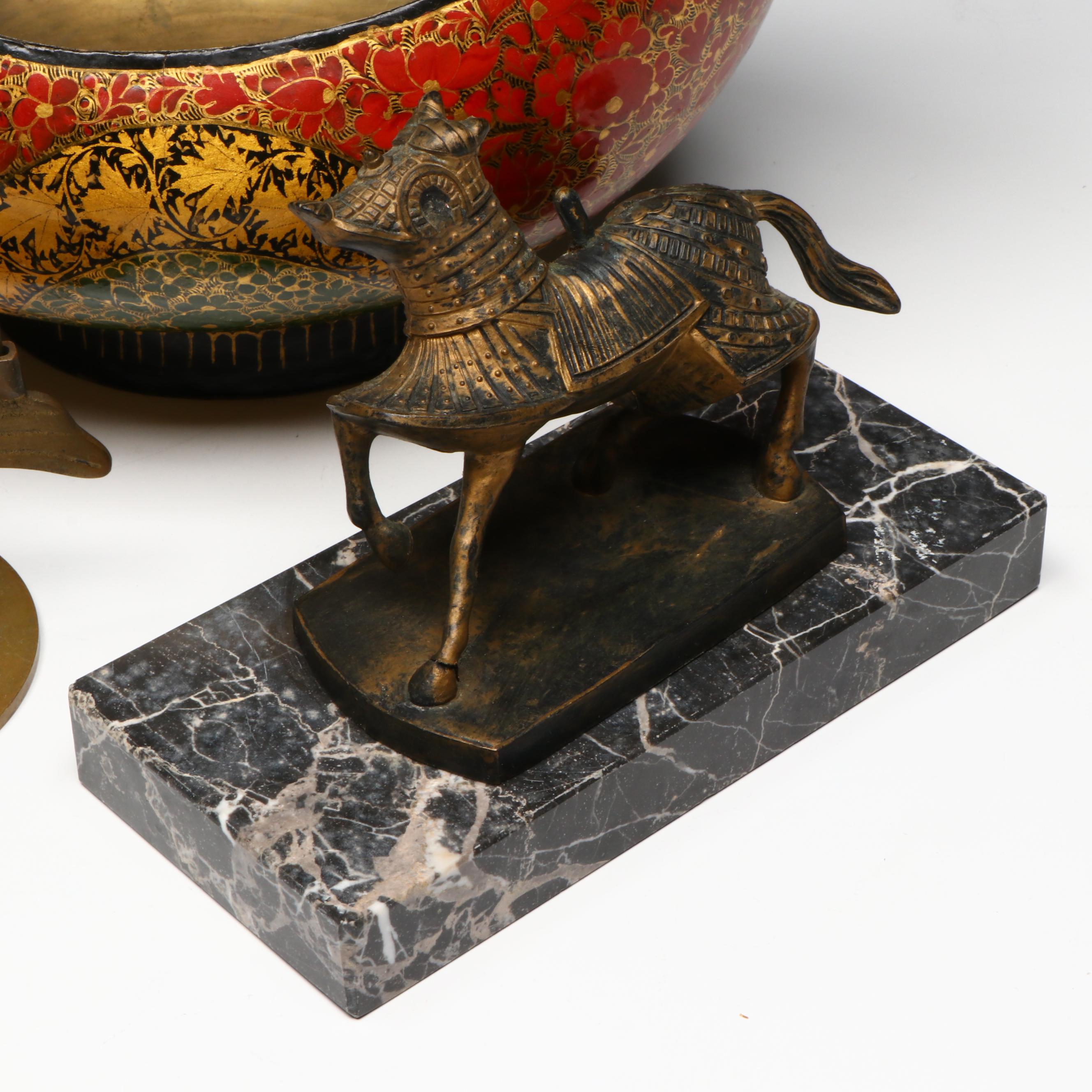 Kashmiri Lacquered Brass Beggar's Bowl and Bell with Armored Horse Figurine