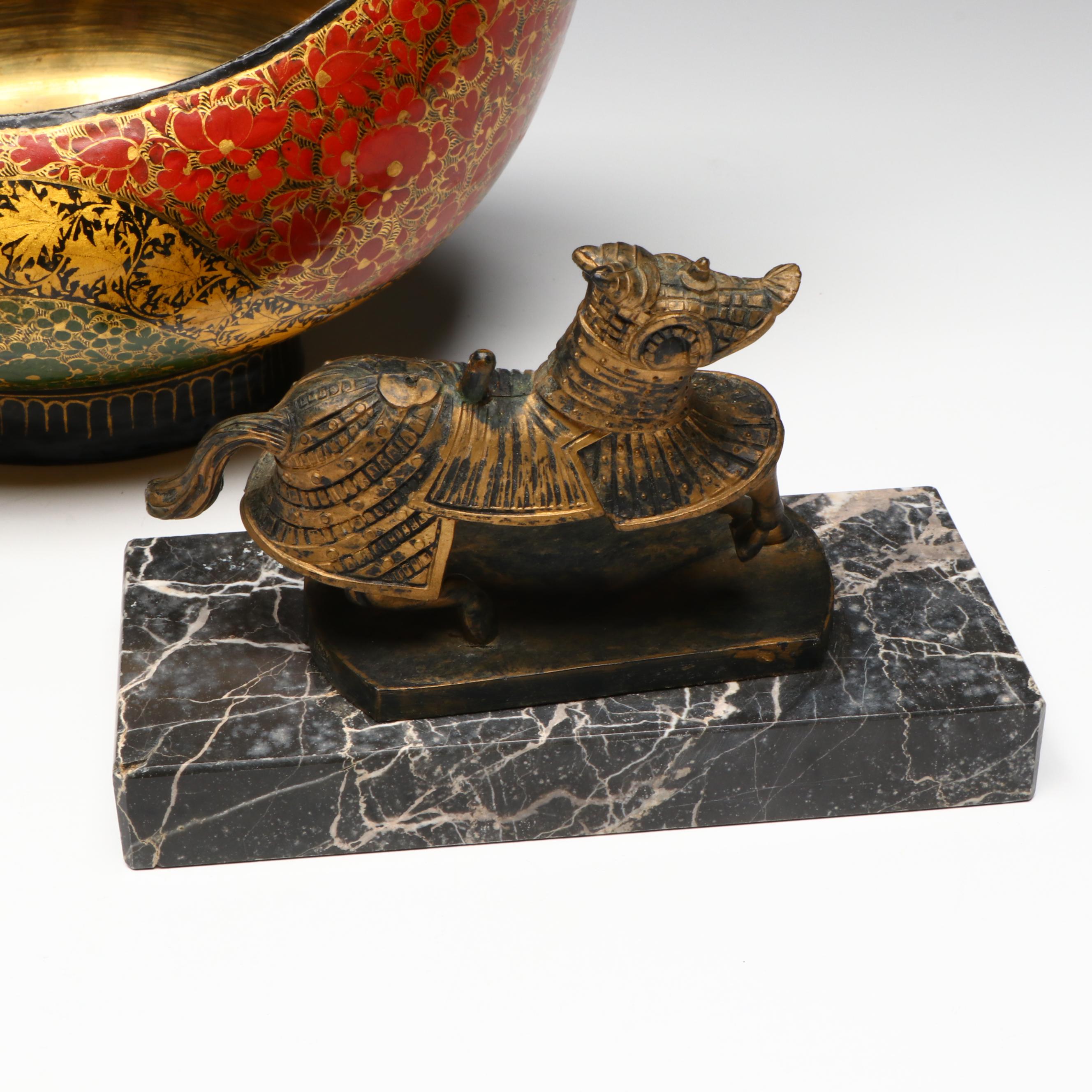 Kashmiri Lacquered Brass Beggar's Bowl and Bell with Armored Horse Figurine