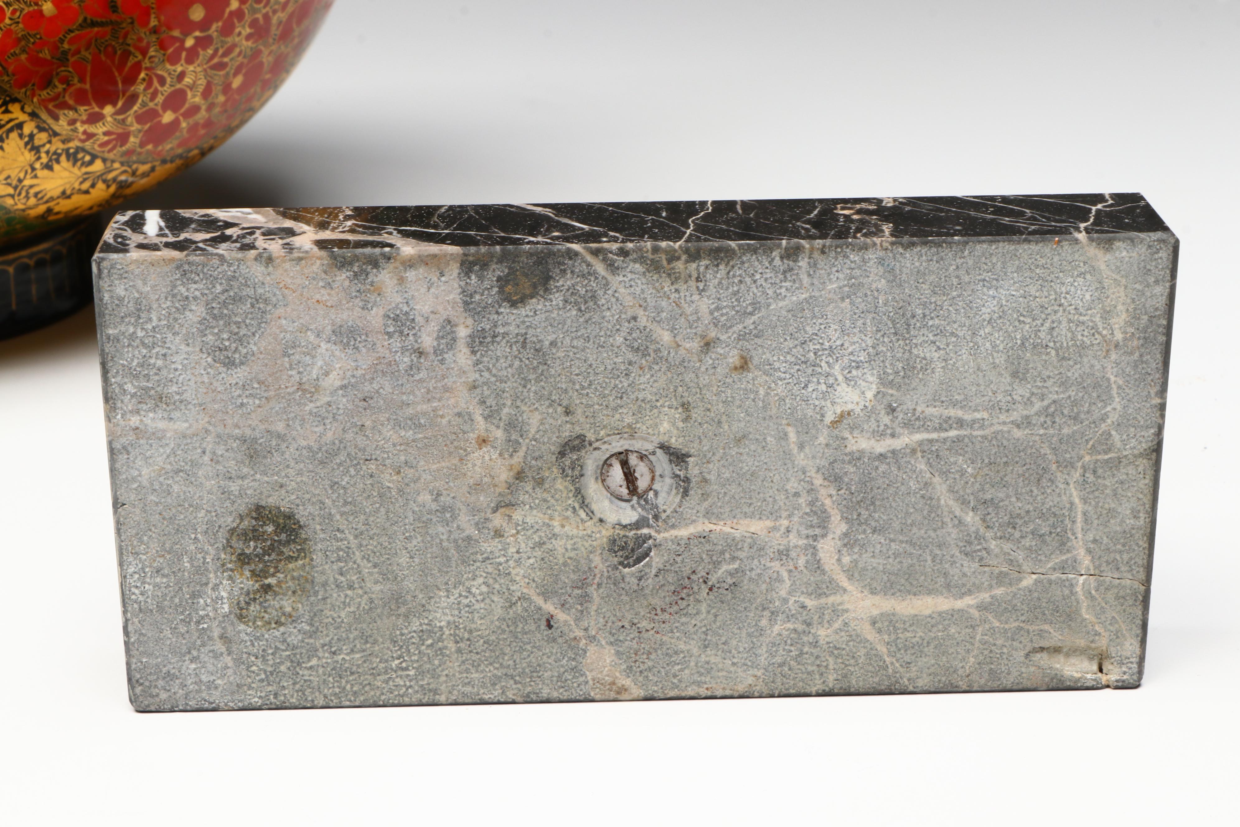 Kashmiri Lacquered Brass Beggar's Bowl and Bell with Armored Horse Figurine